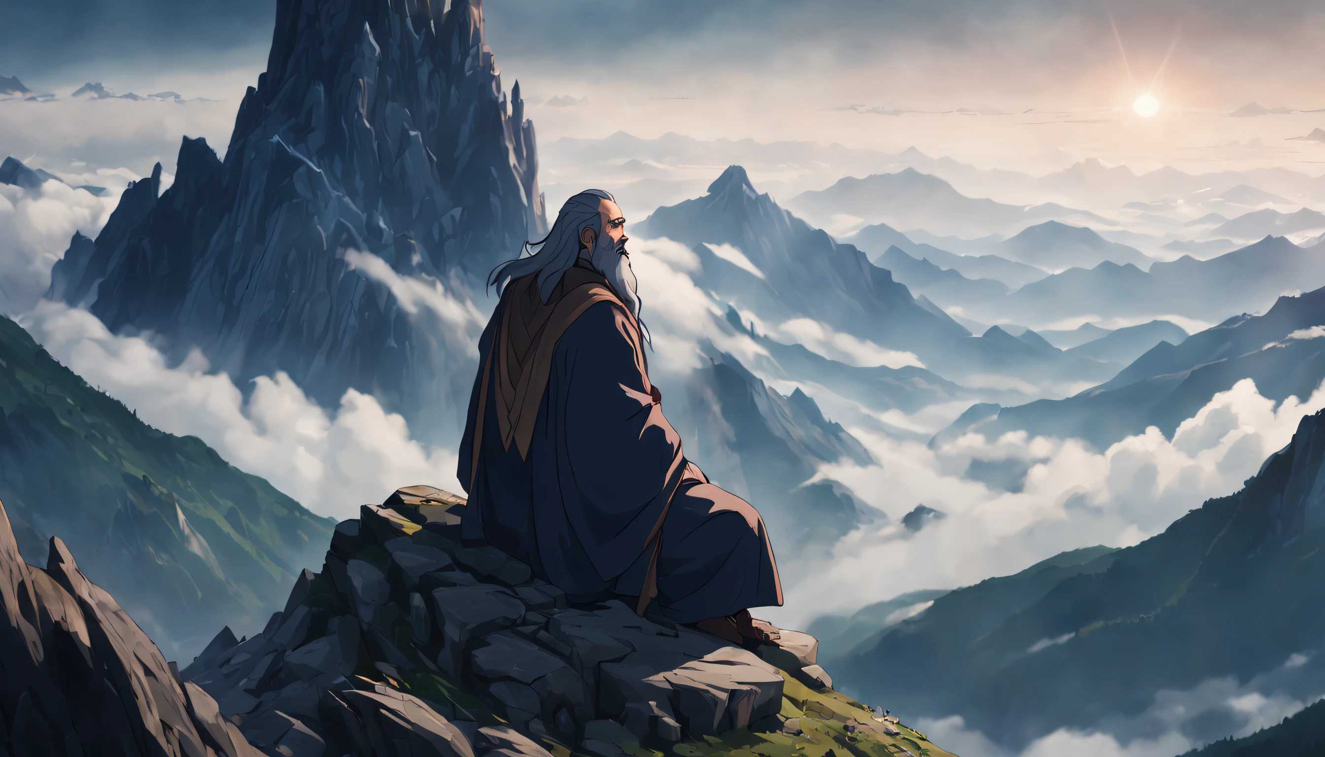 a cinematic still from an anime movie, Towering Mountains of Wisdom, Scaling towering peaks where ancient sages reside, their beards flowing in the wind as they contemplate the universe, high res, Sony fe 24-70mm f/2.8 gm, 32k UHD, moody lighting, muted cinematic color grading --ar 16:9
