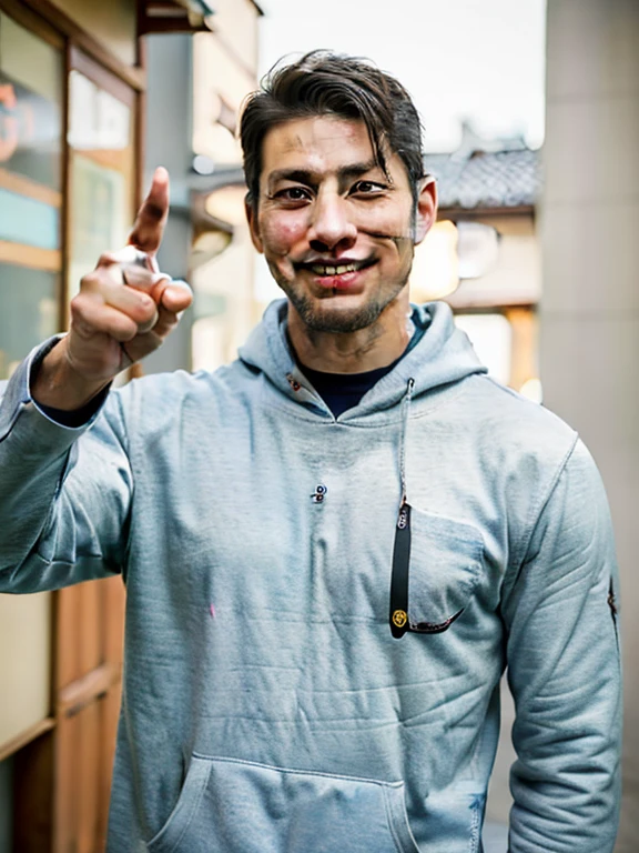 Handsome men,Japan in their 40s,Bearded,dandy,musculature,Upper body portrait,人物,smiling and pointing,wearing hoodies