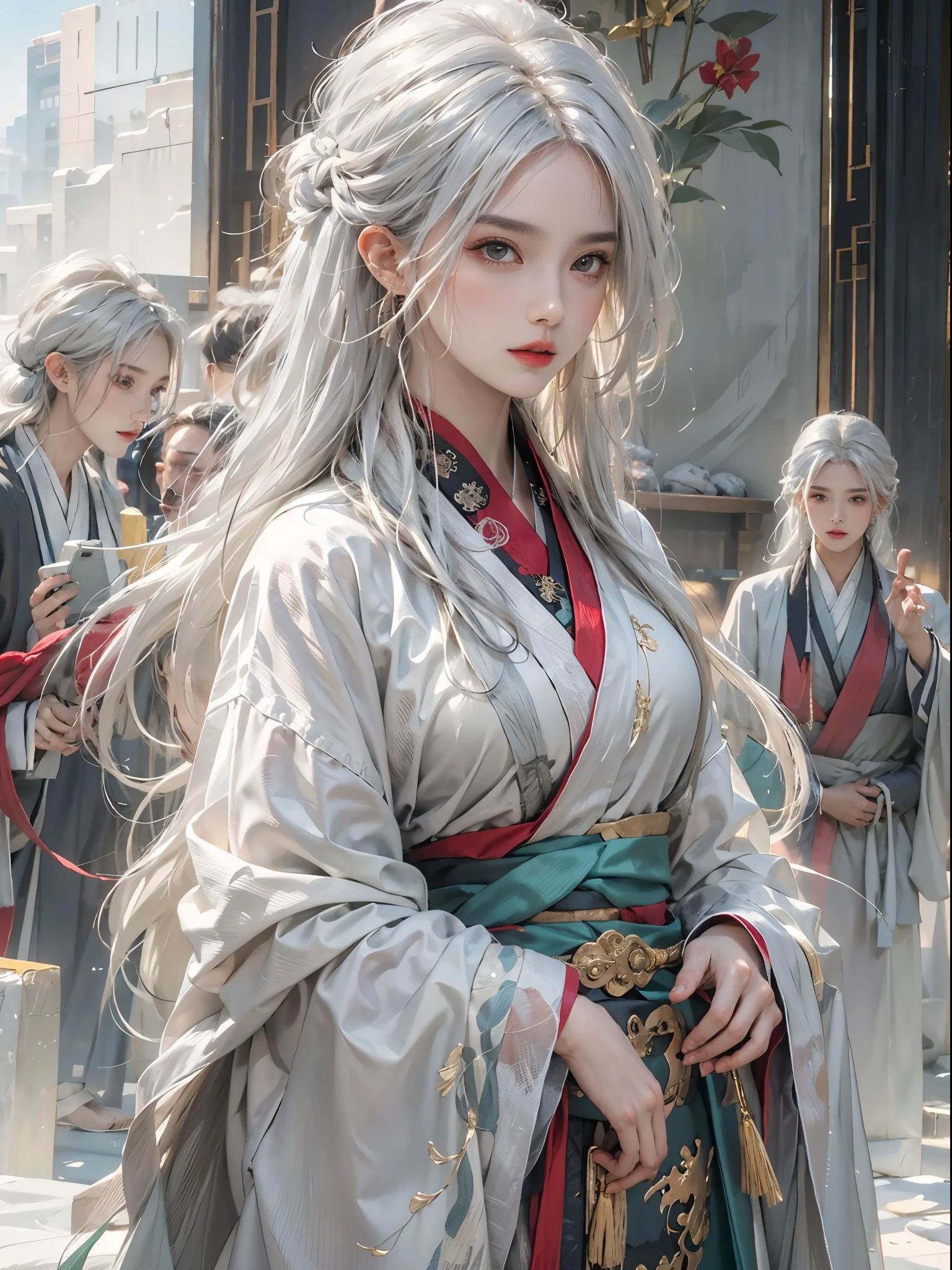 realisticlying, A high resolution, a 1 woman, Alone, hip-up, Just look at the audience, (详细的脸), White hair, long whitr hair, Colorful Taoist Robes,oversize clothes, Halfway portrait, jewely