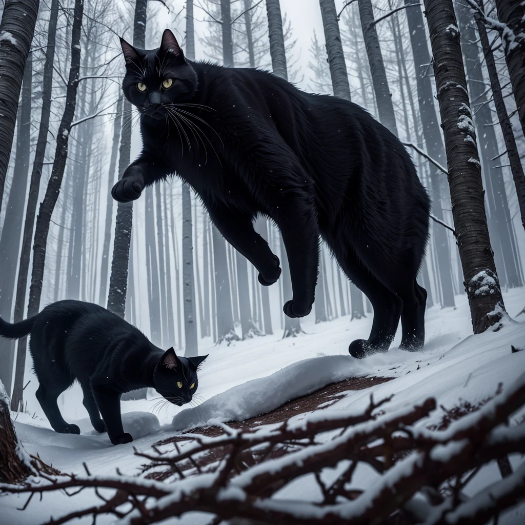 Gigantic supernatural black cat stalking through a birch forest in a blizzard.