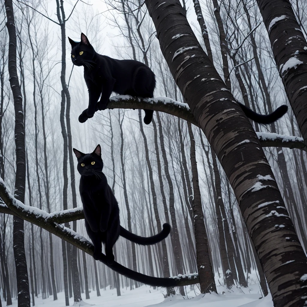 Gigantic supernatural black cat stalking through a birch forest in a blizzard.