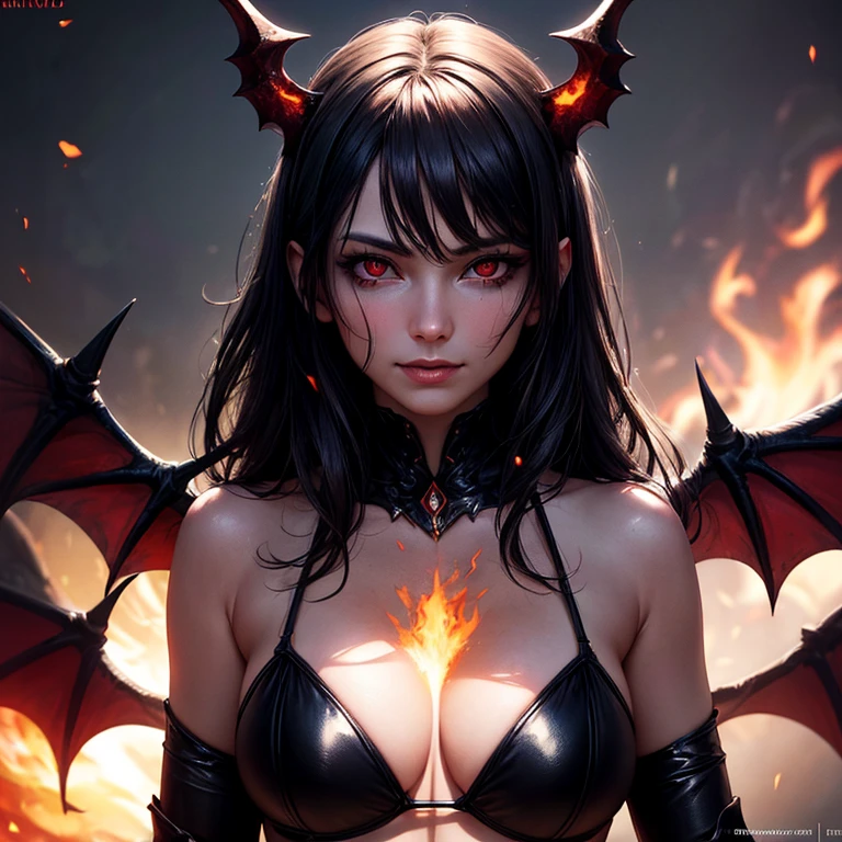 black hair,female succubus,black demon wings,thin demon tail,tan skin,black bikini armor,(best quality,4k,8k,highres,masterpiece:1.2),ultra-detailed,(realistic,photorealistic,photo-realistic:1.37),portraits,vivid colors,detailed face and expression,evil smile,golden glowing eyes,captivating gaze,sharp focus,mystical glowing tattoos,dark and dramatic lighting,fiery background,red and black color scheme,sparkling demonic aura