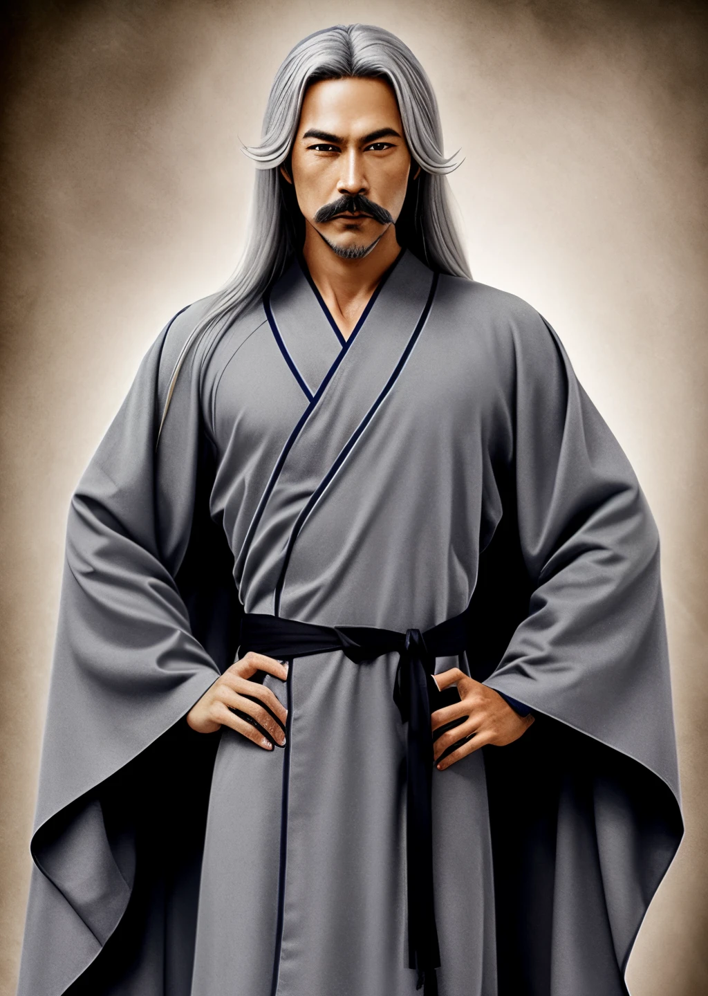 Dark elf wizard, long grey hair, long grey fu Manchu mustache, dark grey skin, grey eyes, white and grey robes