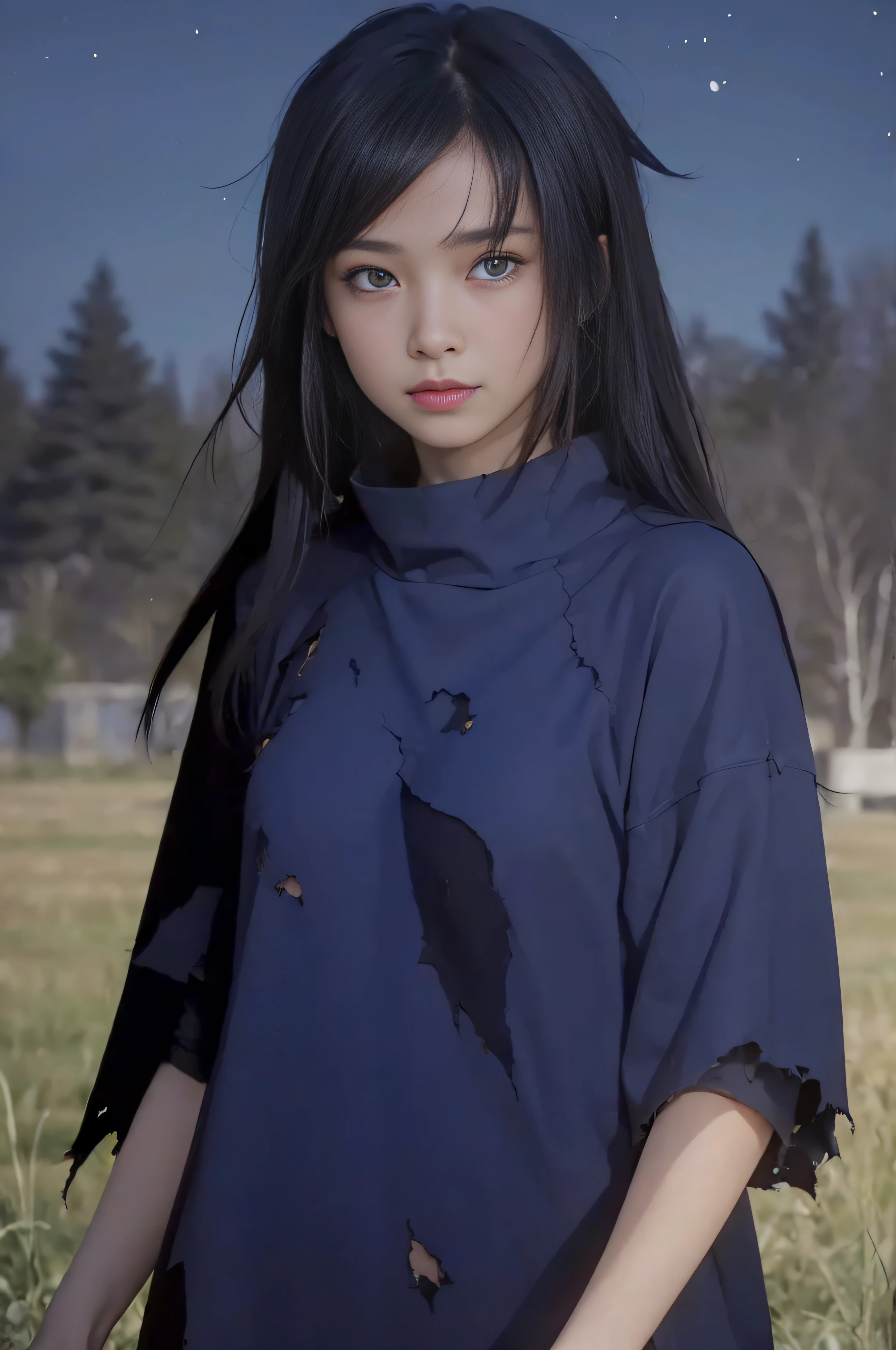 masterpiece, best quality, (realistic, photo-realistic:1.4), (RAW photo:1.2), extremely detailed CG unity 8k wallpaper, delicate and beautiful, amazing, finely detail, official art, absurdres, incredibly absurdres, huge filesize, ultra-detailed, extremely detailed, extremely detailed girl, extremely detailed eyes and face, light on face,little smiles,long hair,black hair,(messy hair:1.5),(torn clothes:1.4)