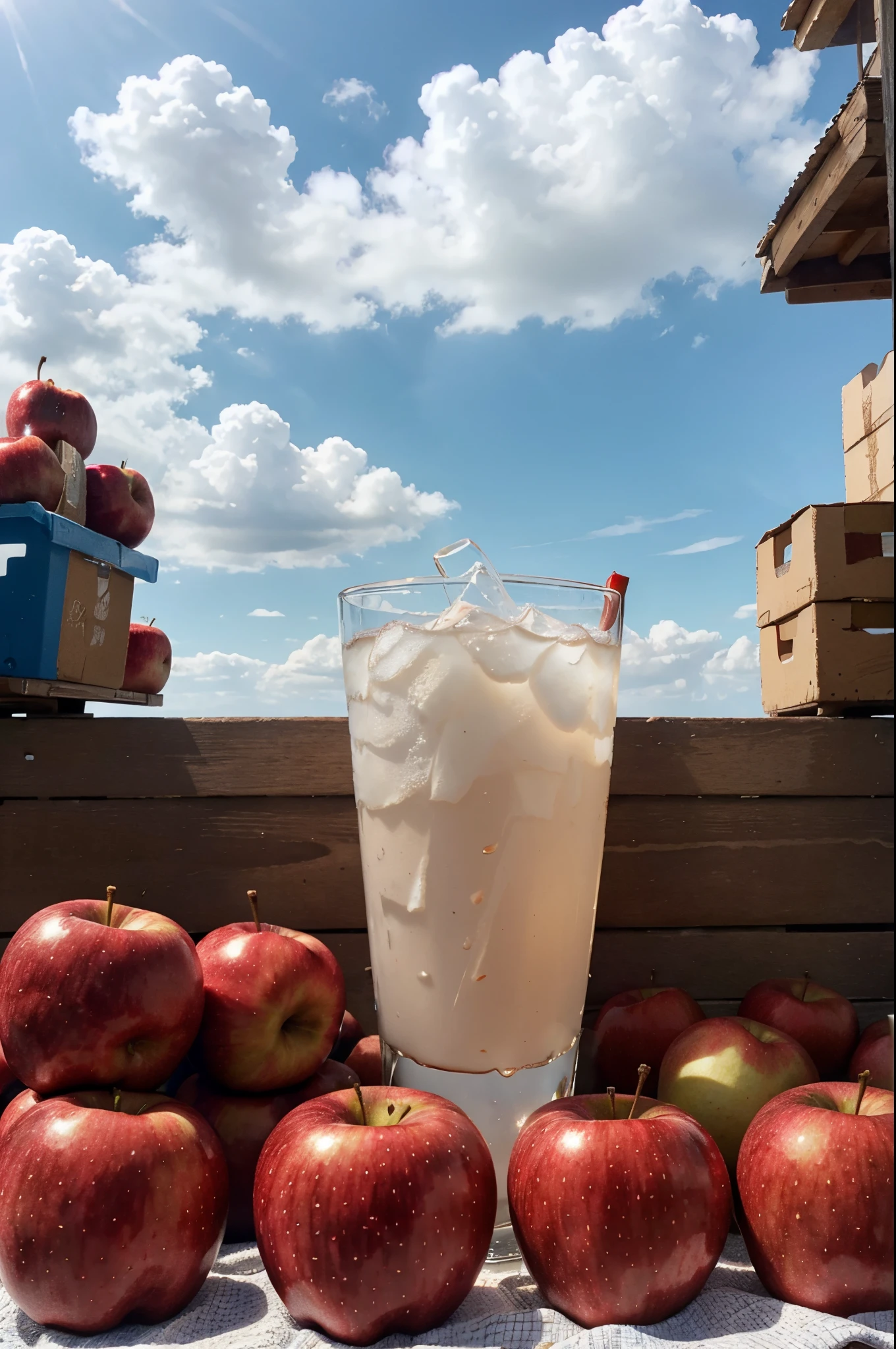 Drink placed on a pile of red apples,Blue sky and white clouds in the background,up front view,Center composition,product closeups,Clean image,Summer sunshine,high detal,Photographic images