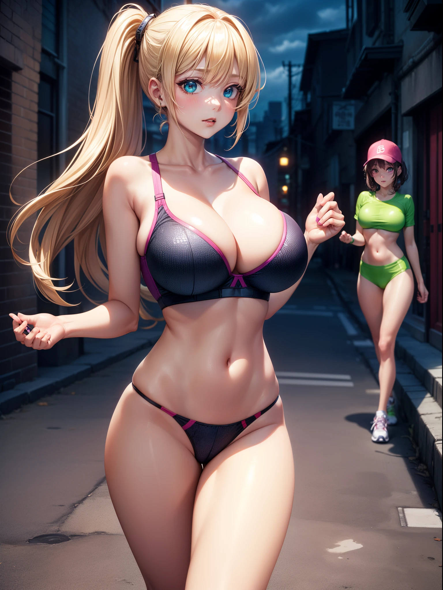Sports Girl,(((1个Giant Breast Girl))),((animemanga girl,With extremely cute and beautiful blonde hair,walking seductively on the street)), ((((Two twin girls)))),2 sporty twin girls,(2 girls:1.3),((Two anime twins,With extremely cute and beautiful blonde hair,walking seductively on the street)), (Large breasts:1.4),A sagging breast,(((very light blonde hair:1.35,hair straight,long whitr hair:1.4,Colored inner hair,Ear breathing))),((Heterochromia,Eyes 1 blue,eyes 2 green,perfect eyes,upturned eyes:1.3,美丽细致的眼睛,Delicate and beautiful eyes:1,There is a big bright spot on the eye:1.2)),((fat)),(((Glow skin:1.5,Brightens skin: 1.5,The skin is tanned,Glossy glossy skin,The skin is very radiant,shining body,plastic glitter skin,Exaggerated glowing skin))),(spider lower abdomen,Willow waist,Wide hips,Sporty body,inflatable legs,Delicate and delicate fingers,Detailed body,detailed arms,Human hands,Detailed hands), cute big breasts,Debauchery,Tempting,pornographic,(((NSFW))), Absolute opportunity,Clothing that exposes,show skin,((((underbust)))),((Magenta sports bra,Sport tong,Visible thong straps)),(Wear sportswear:1.3,track suit,Half-naked,The clothes are little,),(detailed outfits,Meticulous clothes), (dynamicposes:1.0),Embarrassing,at centre,Scale to fit the dimensions,the rule of thirds, Outdoor activities,((nighttime scene)),(Cyberpunk night street background: 1.5,Gloomy sky,alleys,lonely alley,Thick clouds,detailedbackground:1.25), (Best quality at best),(A high resolution),(Focus sharp),(ultra - detailed),(The is very detailed),(extremely high quality artwork),8K_the wallpaper,(Extremely detailed CG 8k),(Very beautiful 8K CG),((Super super detailed perfect work)),flawless perfection,(((tmasterpiece))),illustratio,vivd colour,(iintricate),hight contrast,Selective lighting,double contact,HighDynamicRange (HighDynamicRange),Post-processing,The background is blurred out,