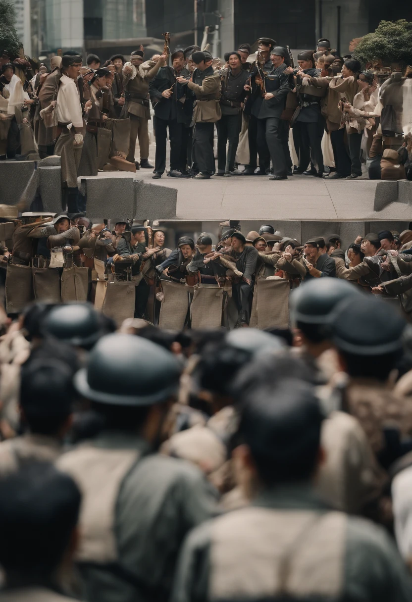 many people、Japanese armed riot police scuffle as they try to arrest a group of people playing guitars and singing folk songs、A young man fighting with a guitar as a weapon、Young people forming a scrum and continuing to sing、Color photo of fox song guerrillas in the plaza in front of Shinjuku West Exit in the 1960s、digital restoration、color、vivd colour、