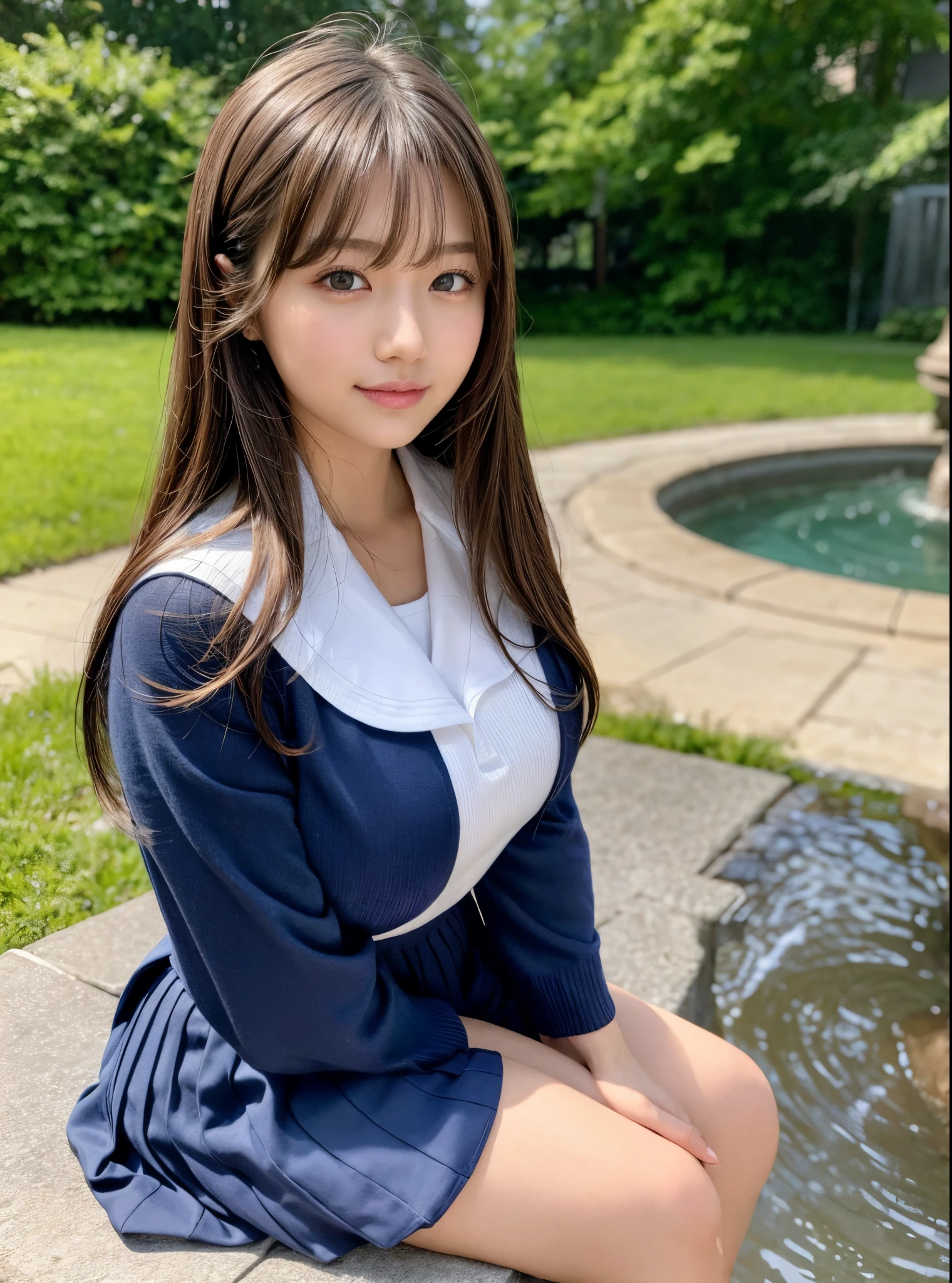 8K,Best Quality, masutepiece, ultra-detailliert, 超A high resolution, Photorealistic, Raw photo, absurderes, absolutely resolution, 1girl in, Solo,Upper body, (Looking at Viewer),a Japanese young pretty girl,hyper cute face, Glamorous figure, Large breasts, Long bob hair ,Smile,(School uniform:1.3), She is sitting on a bench in a park with a fountain, Glossy lips, Double eyelids in both eyes, Beautiful detailed eyes,Natural makeup, long eyelashes, Glossy smooth light brown long bob hair, asymmetrical bangs, Shiny skin, central image, High resolution, high detailing, detailed hairstyle, Detailed face, spectacular movie lighting, Octane Rendering, Vibrant, Hyper realistic, Perfect limbs, Perfect Anatomy