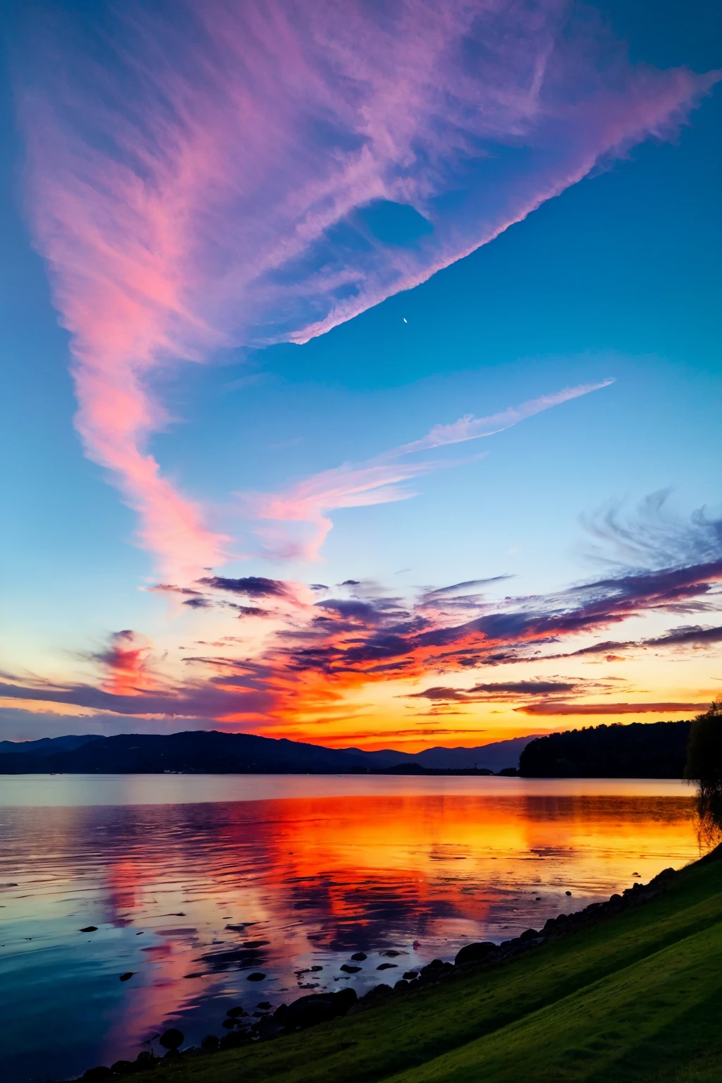 There is a beautiful sunset, the hillside is covered with flowers and plants, the flowers are up close, the colorful sky, the surreal colors, the colorful sunsets, the colorful sky, the marvelous sky reflection, the amazing sky, the fantastic atmosphere 8K, the colorful clouds, the color reflection on the lake, the surreal sky, the red and blue reflection, the fire reflection, the beautiful sky, the beautiful and spectacular dusk, the beautiful dream landscape, the amazing sky