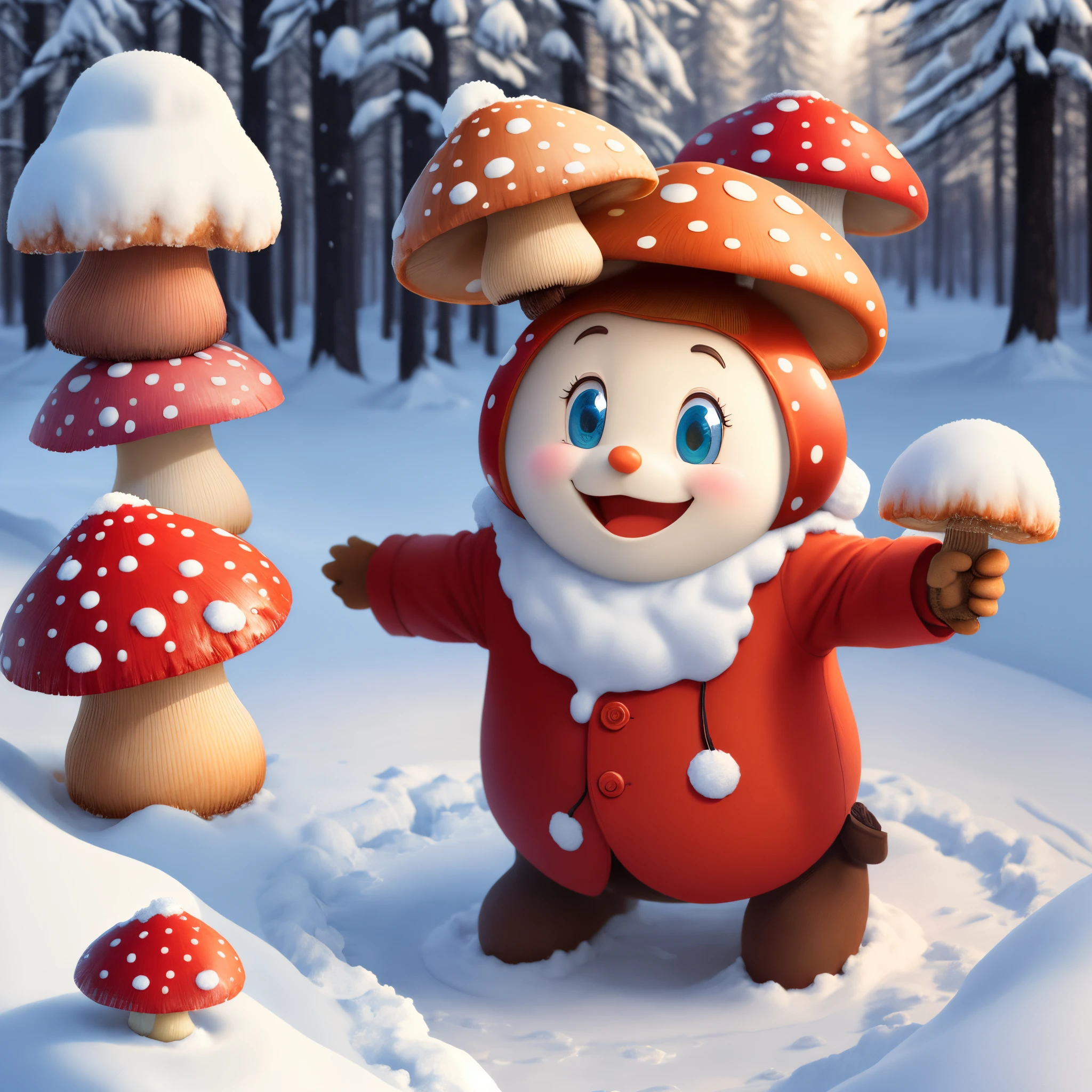 Generate a picture of an anthropomorphic mushroom with a human face happily playing in snow
