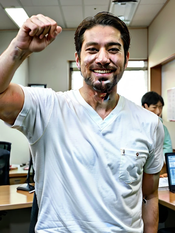 Handsome men,Japan in their 40s,Bearded,dandy,musculature,Upper body portrait,人物,smiling and pointing,Office Casual,white backgrounid