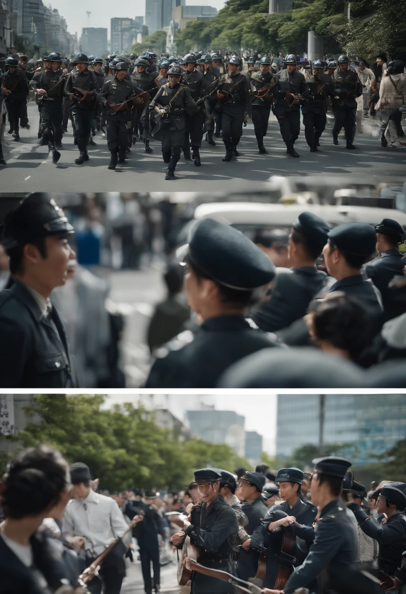 Many people、Playing the guitar、person singing folk songs々Japanese armed riot police brawl to arrest a group of、A young man fighting with a guitar as a weapon、Young people forming a scrum and continuing to sing、1960s-era、Color photo of Fox Song Guerrilla at Shinjuku West Exit Plaza、digital restoration、Color、vivd colour、Express everything in one photo、