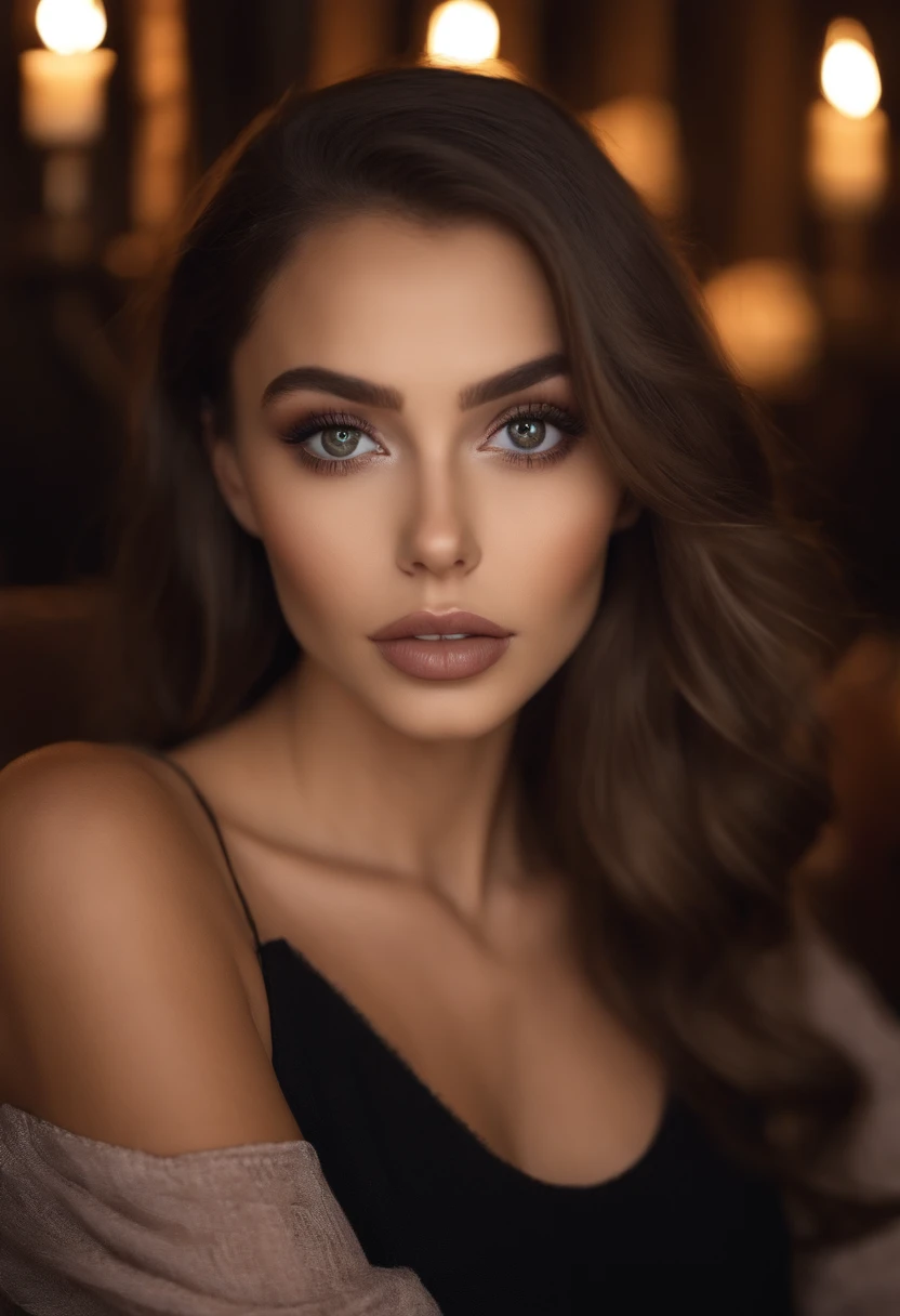 Arafed Mujer totalmente , Chica sexy con ojos marrones, ultra realista, meticulosamente detallado, Retrato Sophie Mudd, brown hair and large eyes, selfie de una mujer joven, on sofa, Violeta Myers, sin maquillaje, Maquillaje natural, staring directly into camera, cara con artgram, maquillaje sutil, Impresionante foto de cuerpo completo arrodillado en la cama, en restaurante, Medium to large bust breasts outwards
