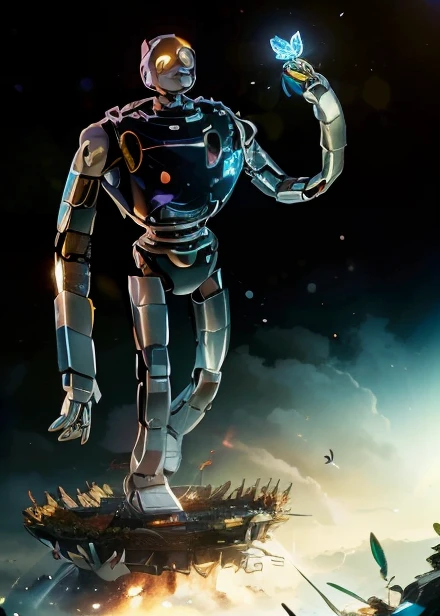 Robots in Castle in the Sky created by Hayao Miyazaki,in the forest,There's a butterfly on my finger