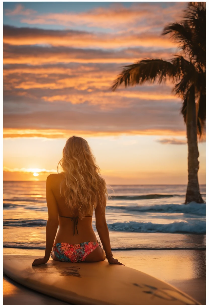 SurferBro watching the sunset from the top of her surfboard,original,SurferBro has long blonde hair, mid twenties, tan skin, and drop dead handsome. He only wears board shorts and a puka shell necklace , male