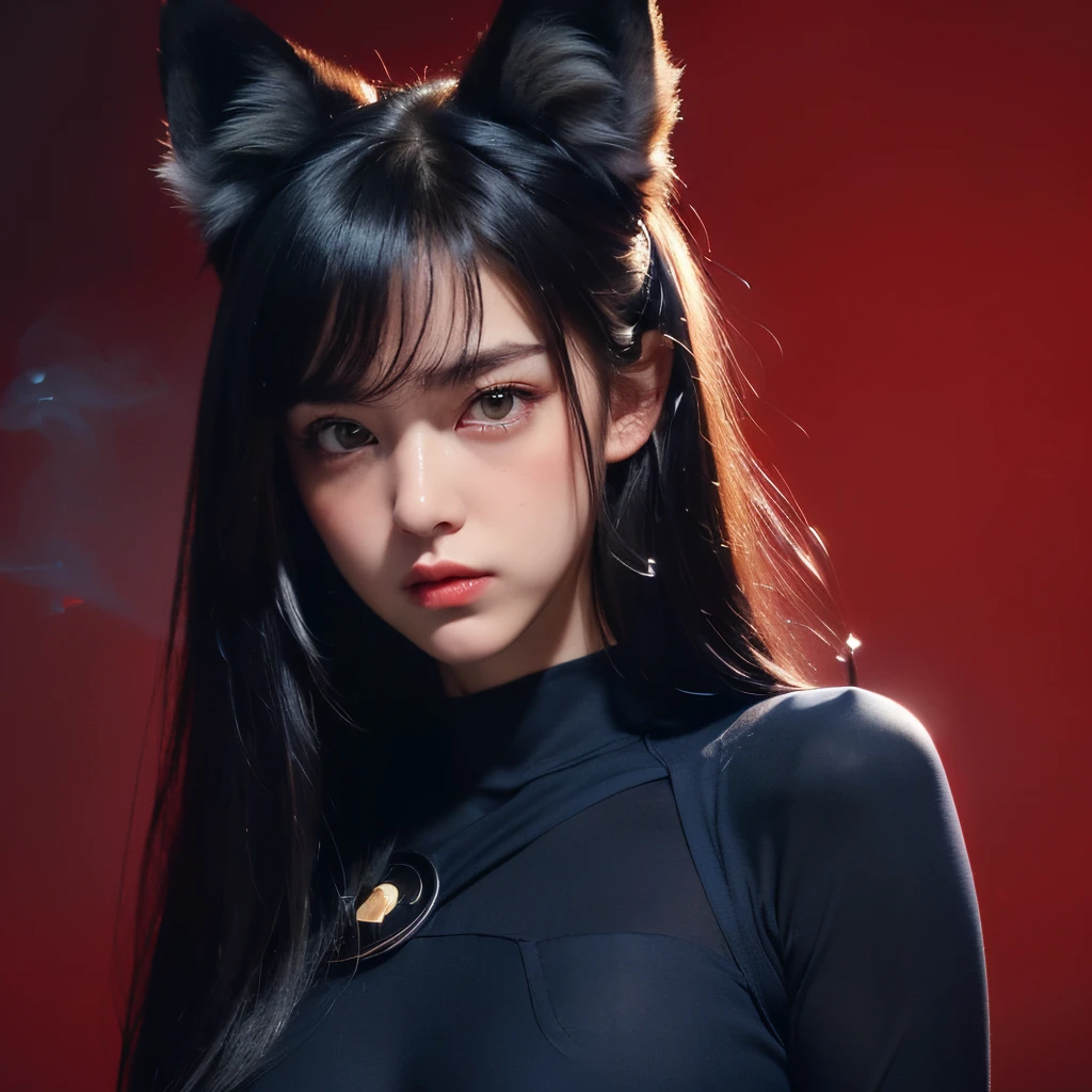 ((masterpiece)), 8k cg, best quality, intricate details, chromatic aberration, ((bust shot)), ((looking at the viewer)), 1girl, Japanese, fox girl, ((Character((tomboy)), frown, closed mouth, soft lips , green eyes)),sharp eyes, long face, blush, makeup, mature face, strong jaw, ((black fox ears)), strong face, (fierce face), strong cheeks, blush, long lashes, ((long hair, ((black hair)), straight bangs)), ((navy blue and red body suit, (blue0.7(red0.3)), navy blue gloves)), defined body, tall, slender petite, (((background(((dark background)), smoke))), absurdes,