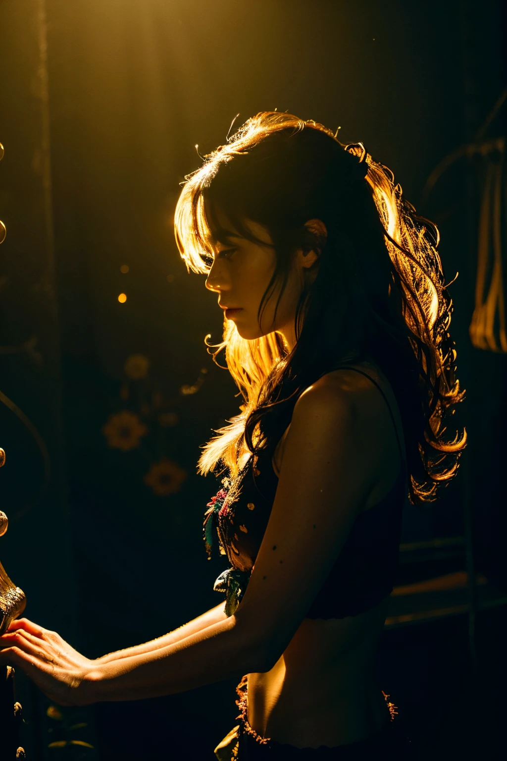 {Top quality}, {{Masterpiece}}, {Superbly delicate and beautiful}, Outstanding light and shadow, Highly detailed wallpaper, Night,Firelight, One girl, Frowning, Messy hair, Realistic skin texture,,Lonely island in the rainforest, Tight waist, Freckles, Destroyed pirate ship