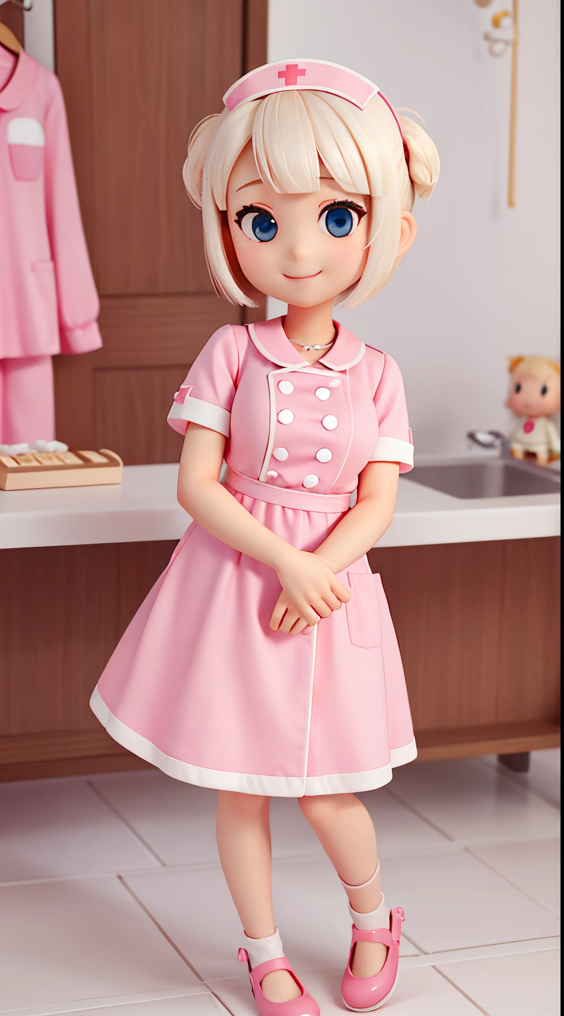 she is a cute nurse、Blonde short cut hair、big silver eyes、Cute smile、tchibi、Mega Mini、Pink nurse clothes