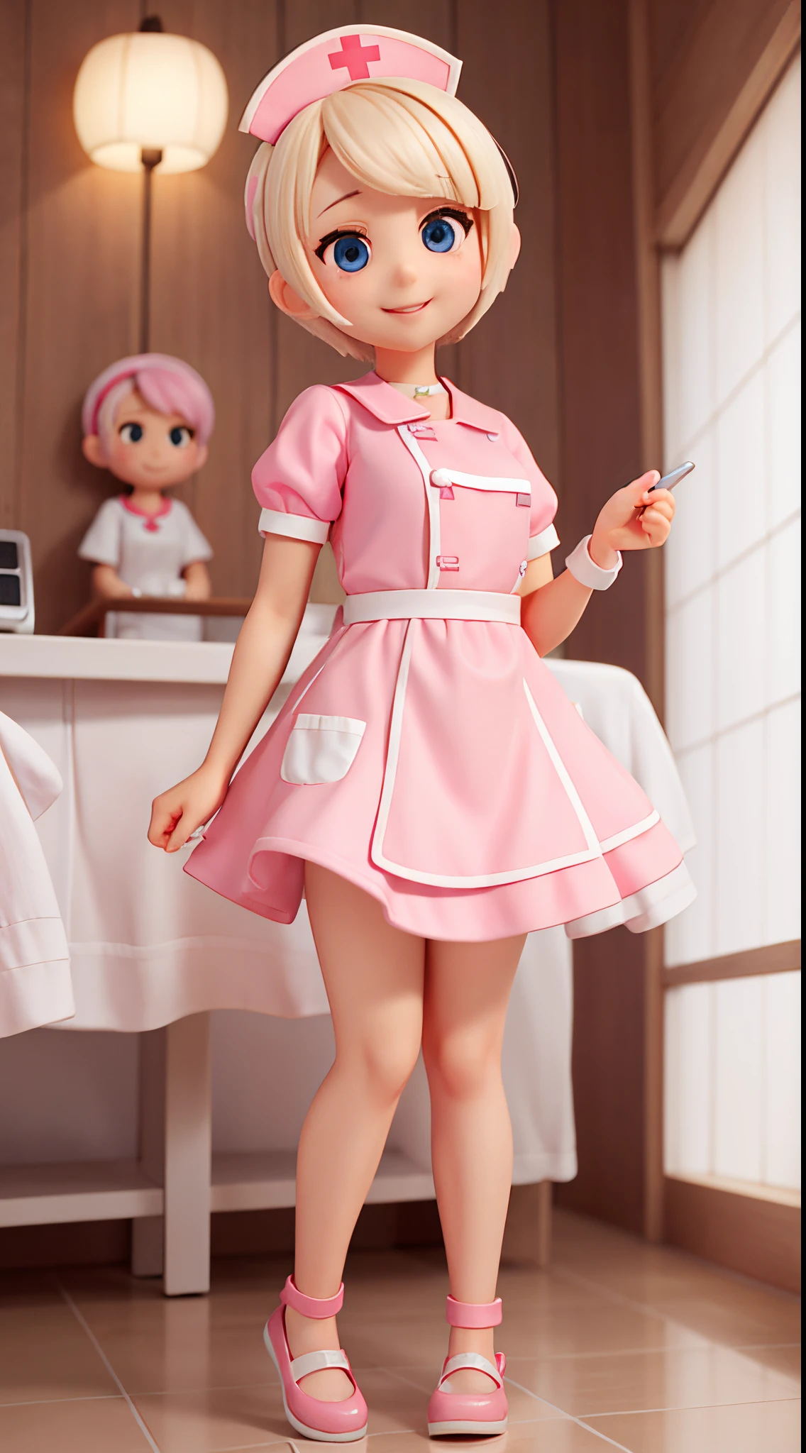 she is a cute nurse、Blonde short cut hair、big silver eyes、Cute smile、tchibi、Mega Mini、Pink nurse clothes