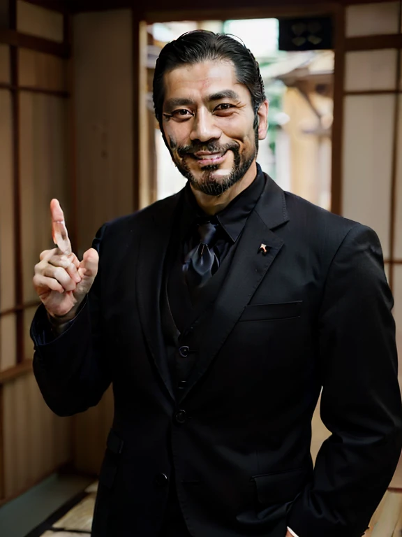 Handsome men,Japan in their 40s,Bearded,dandy,musculature,Upper body portrait,人物,smiling and pointing,Wearing a black suit