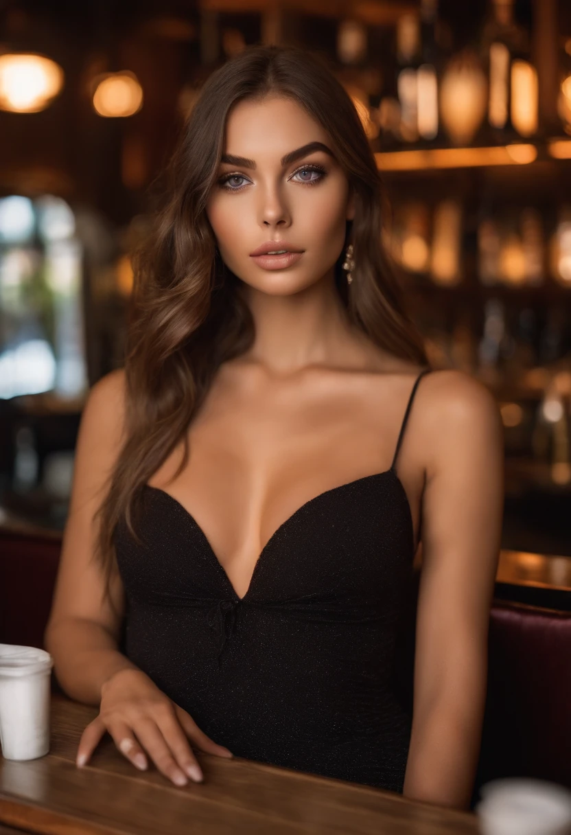 Arafed Mujer totalmente , Chica sexy con ojos marrones, ultra realista, meticulosamente detallado, Retrato Sophie Mudd, brown hair and large eyes, en bar, al exterior Violeta Myers, sin maquillaje, Maquillaje natural, staring directly into camera, cara con artgram, maquillaje sutil, Impresionante foto de cuerpo completo arrodillado en la cama, en restaurante, Medium to large bust breasts