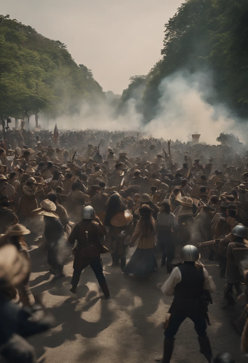large crowd of people、singing revolution、Japanese demonstrators parade while playing guitars、long hair and jeans、1870s hippie style、Japanese armed riot police trying to stop it、tear gas canister、A brawl with a guitar as a weapon、japanese revolution、