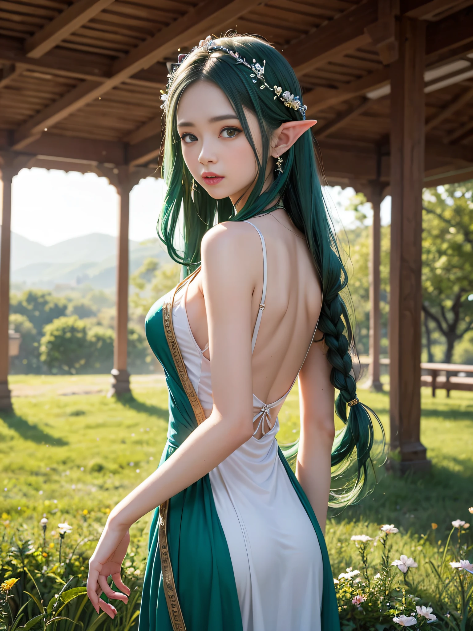 Graceful elven girl standing in meadow, Delicate face illuminated by the soft light of the setting sun. Her long, Flowing hair runs down your back, Decorated with intricate braids、Adorned with sparkling gemstones. This great photo is、、、It captures the ethereal beauty of elves. Slender figure in silk dress、Swaying in the soft steppe breeze. Attention to detail、Face that is、Face that is、Face that is、Face that is、It is evident in the intricate patterns of the dress and the subtle highlights of the luminescence. skin. The breathtaking portrayal of the elven girl is、、、、、Create an enchanting atmosphere、It invites the viewer to a magical world. emerald green hair color,