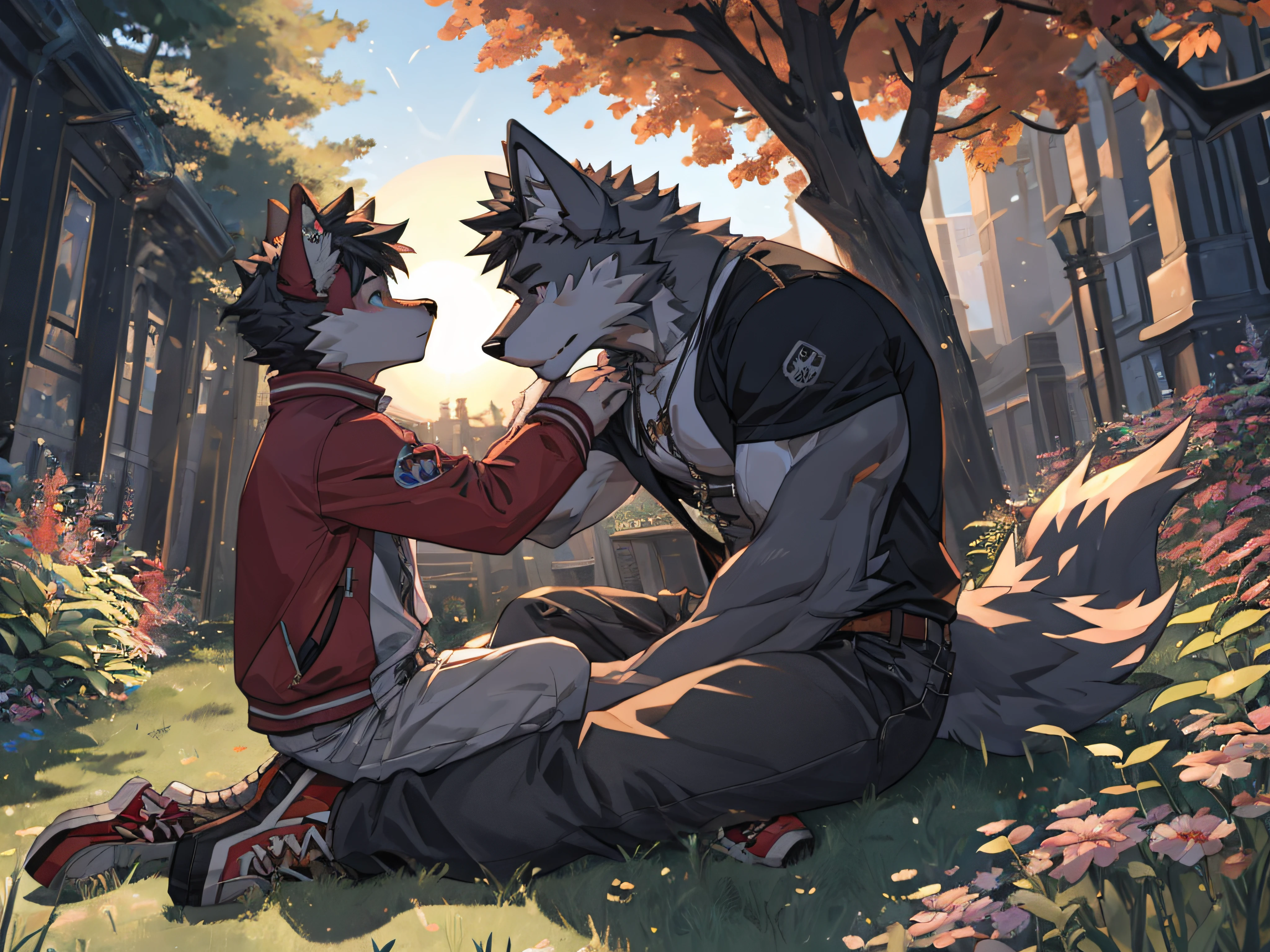 furry,Shota,dark pink fur wolf,masculine,,Sitting under a tree,there&#39;It&#39;s another wolf..,Black-haired man,hair&#39;I kiss my cheek.,There were some leaves blown away..,The sun is about to set..