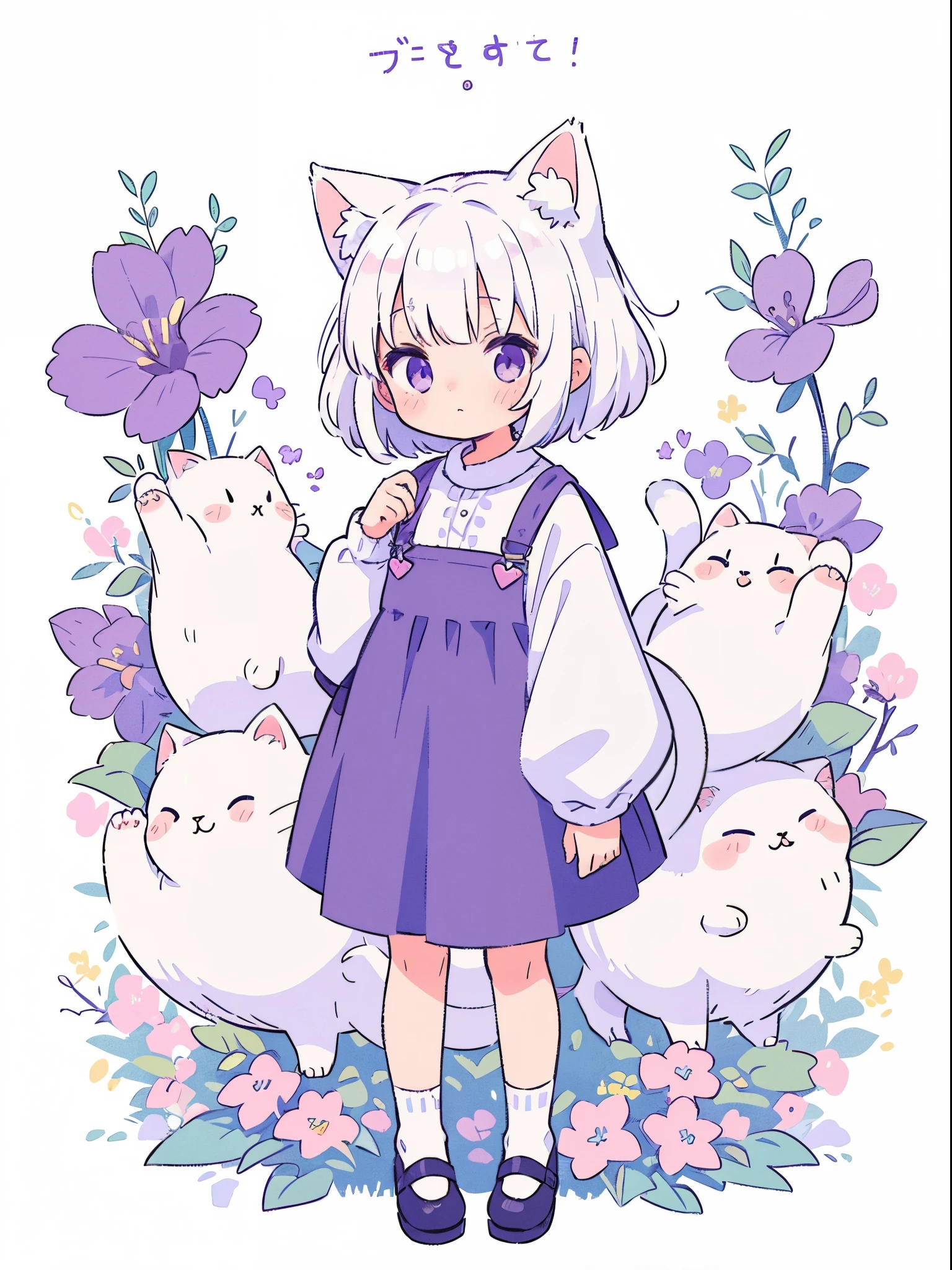 masterpiece, best quality, detailed background, detailed clothes, cute, small, oversized clothes, white hair, short hair, white fluffy cat tail, white cat ears, small size, full body, purple eyes, fluffy, fluff ears, solo, long sleeves, detiled, A girl, kawaiitech, pastel colors, kawaii, cute colors