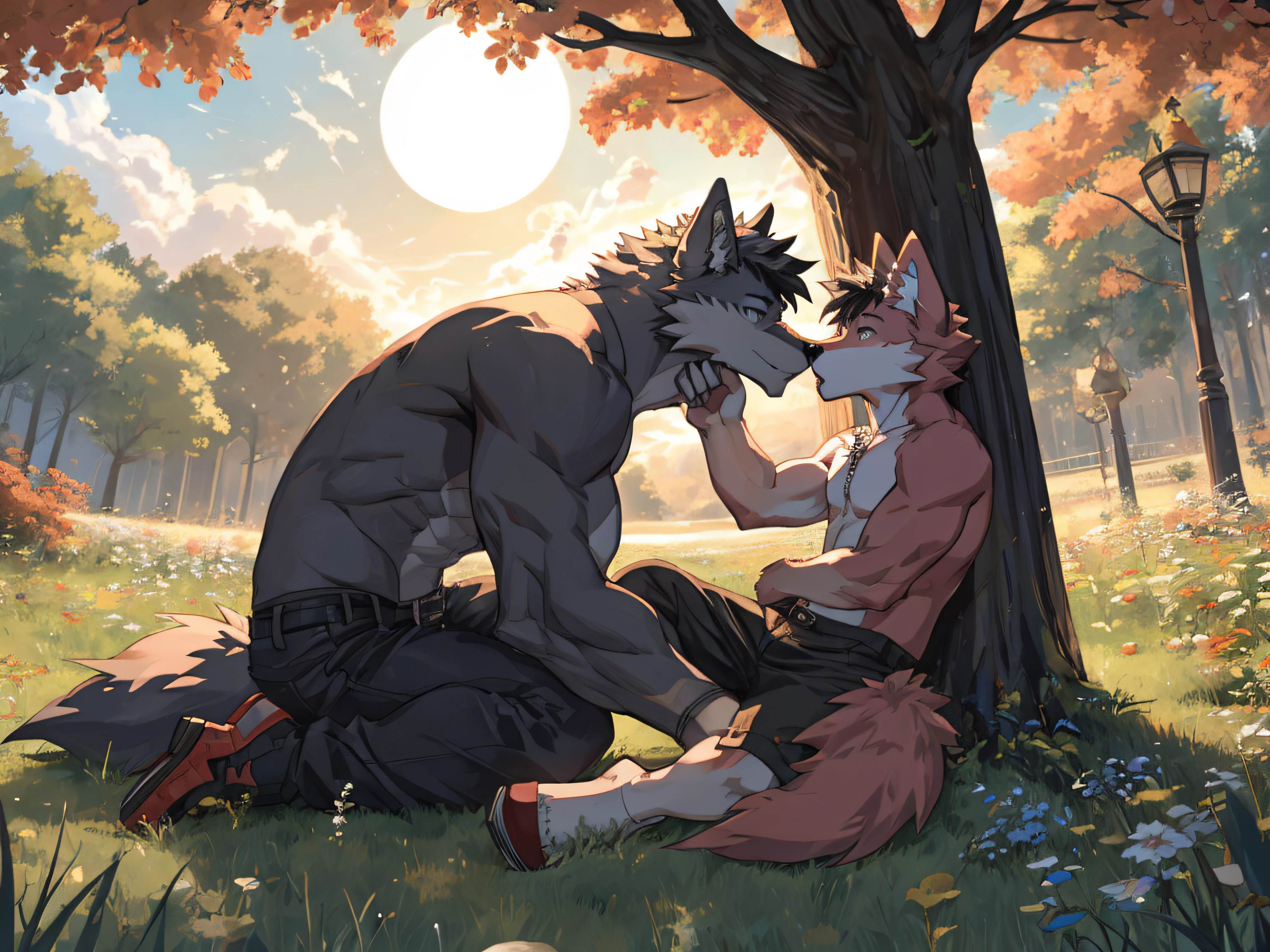 furry,Shota,dark pink fur wolf,masculine,,Sitting under a tree,there'It's another wolf..,Black-haired man,hair'I kiss my cheek.,There were some leaves blown away..,The sun is about to set..