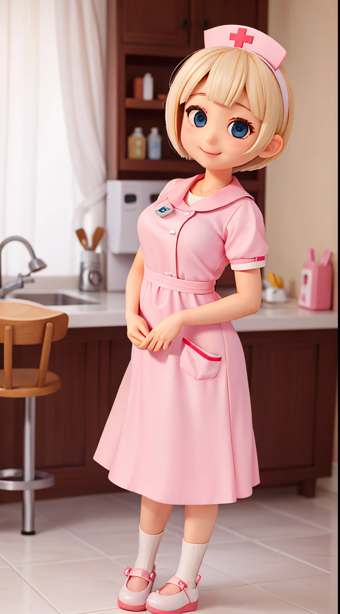she is a cute nurse、Blonde short cut hair、big silver eyes、Cute smile、tchibi、Mega Mini、Pink nurse clothes
