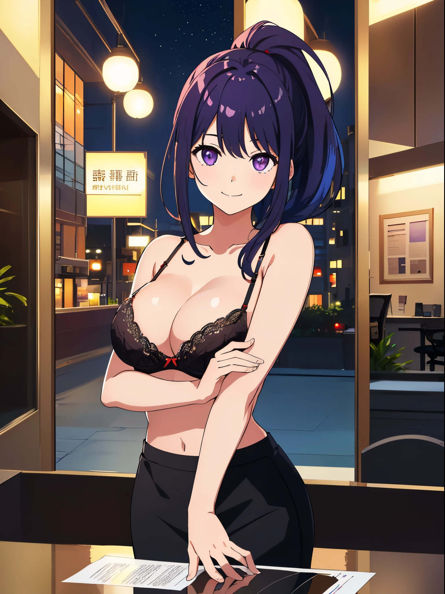top-quality、Top image quality、masterpiece、Girl vs((18 years old、best bust、big bast,beautiful purple eyes、Breasts wide open, blue hair ponytail、A slender one、Great Valley、、Reflecting the whole body、Be red in the face、shinning eyes、White Y-shirt、Black bra、a black skirt、Stripping posture、A slight smil))high high quality、beautiful art、Background with((Office at night)))、,On the table、visual art、depth of fields、