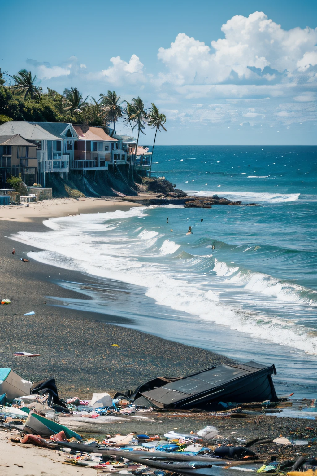 the ocean,There are houses on the shore,drowsy,There is garbage on the ocean