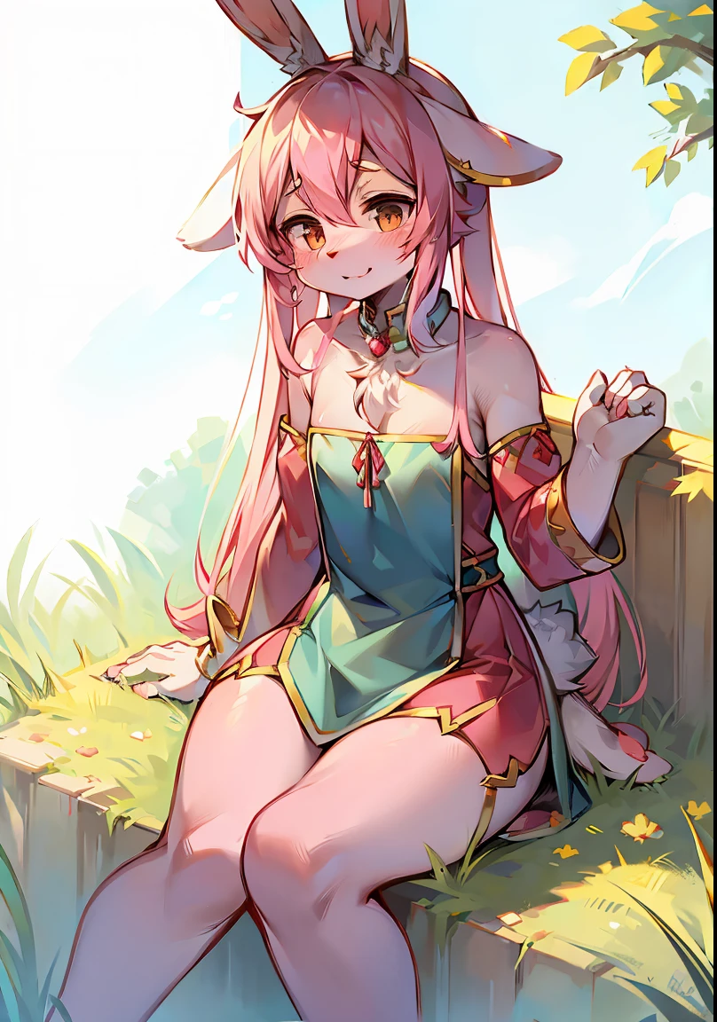(masterpiece:1.0), (1girl), (breast), (hands on own knees), (smirk), (:o), (looking at viewer), from below, (grass), (yae miko), (yaemikodef), (pink hair), (hair bow), (japan)