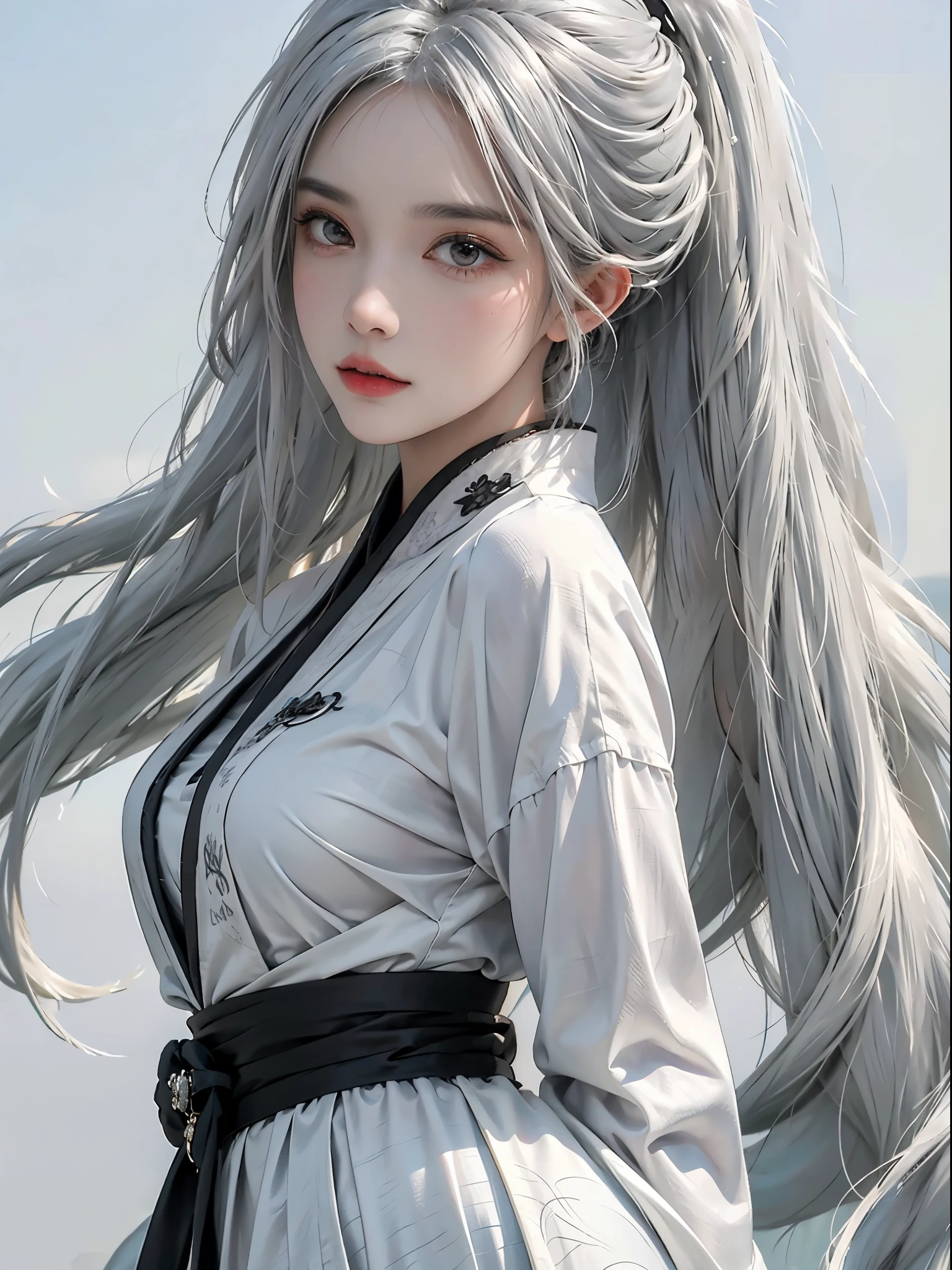 realistically, A high resolution, 1 woman, Alone, butt lift, looking at the viewer only, (Detailed faces), White hair, Long gray hair, Colorful Taoist Robes,oversize clothes, halfway portrait, jewely