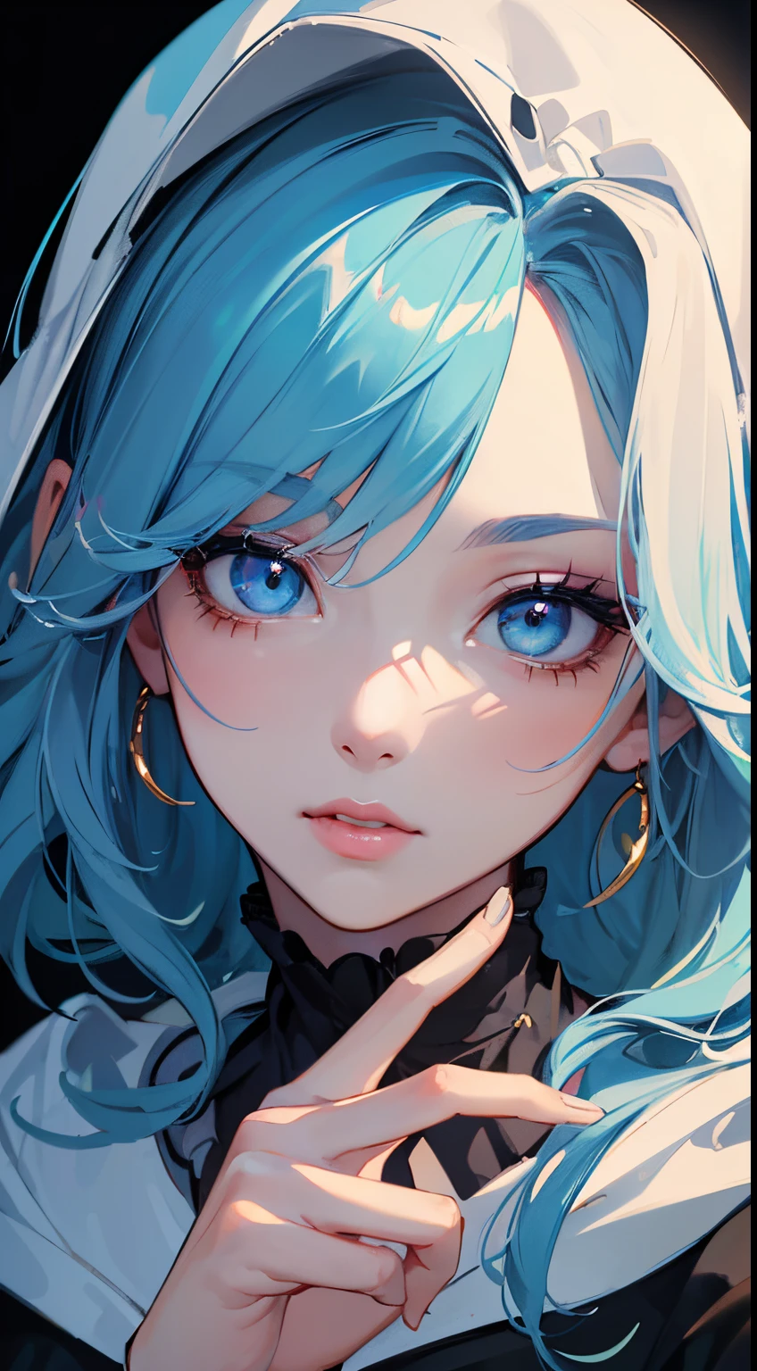 ((best quality)), (ultra detailed), ((UHD)), (high quality face), (((masterpiece))), one woman, hidden double eyelids, make up on, ((beautiful)), (oversized clothes), light blue hair, small breasts, fun atmosphere, Medium shot, portrait, golden ratio, inked, watercolor, high contrast, contemporary art, colorful, ((five fingers)), (((accurate human body)))