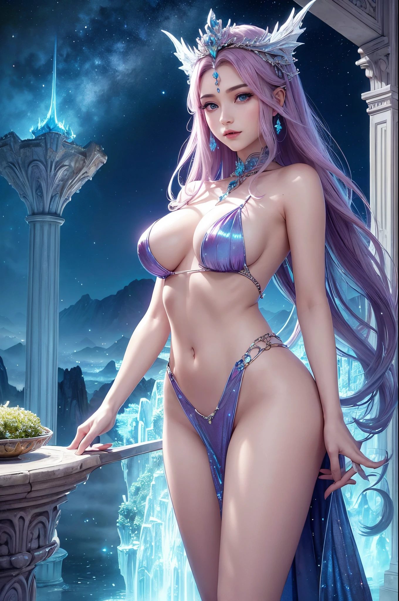 Within a realm of fantastical wonder, an exquisite naked 18-year-old dragon princess exudes regal grace. Her presence radiates nobility and power, adorned with resplendent scales that shimmer with opalescent hues akin to precious gemstones. Crowned with ornate headgear, she commands admiration. Behind her, a mythical landscape unfolds, adorned with ancient trees, glowing flora, and towering mountains that echo the grandeur of her realm. The air thrums with a magical aura, mirroring the enchantment of her royal presence within this captivating fantasy world.