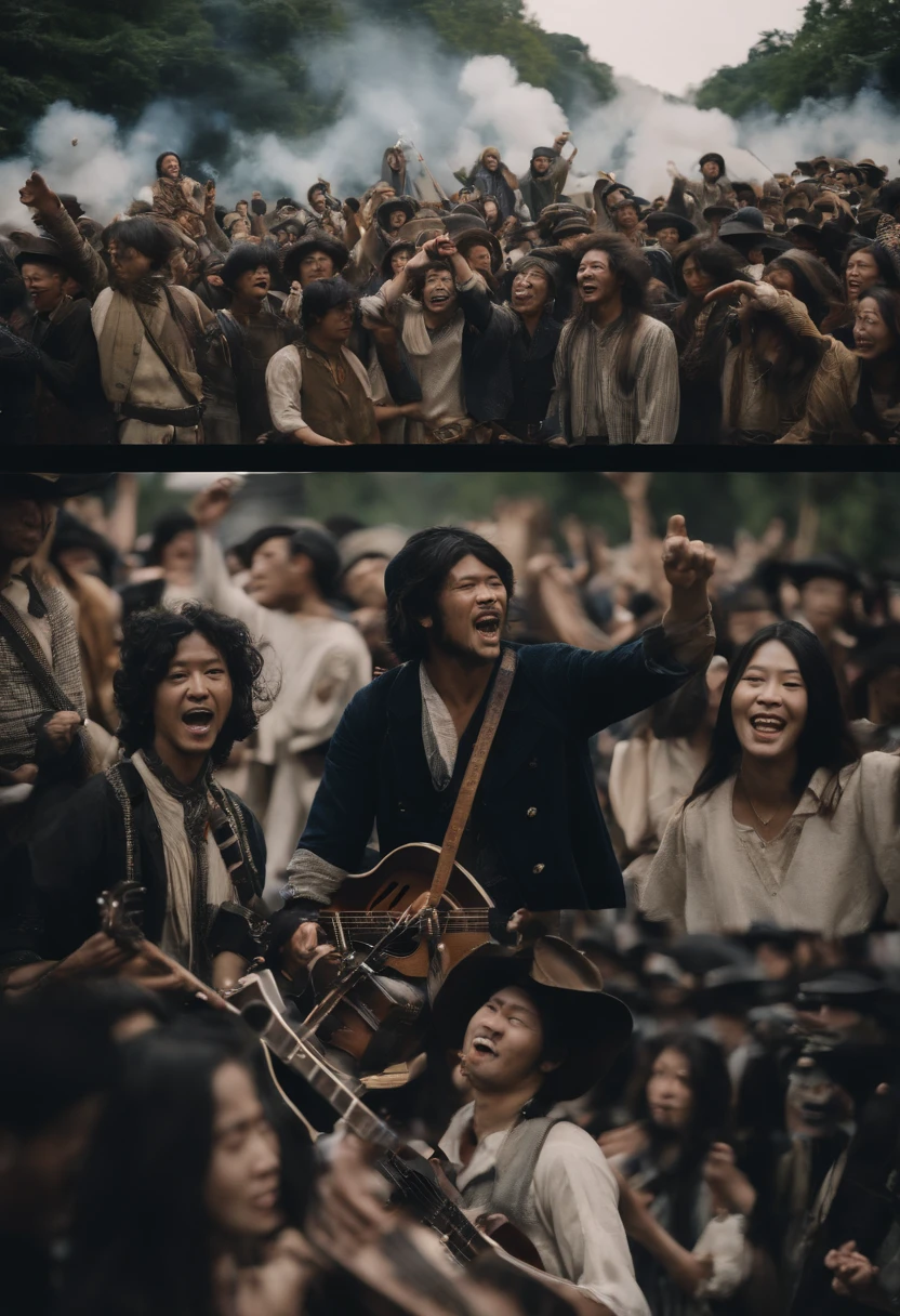 Many people、Playing the guitar、person singing folk songs々Japanese armed riot police brawl to arrest a group of、A young man fighting with a guitar as a weapon、Young people forming a scrum and continuing to sing、1960s-era、Color photo of Fox Song Guerrilla at Shinjuku West Exit Plaza、digital restoration、Color、vivd colour、Express everything in one photo、