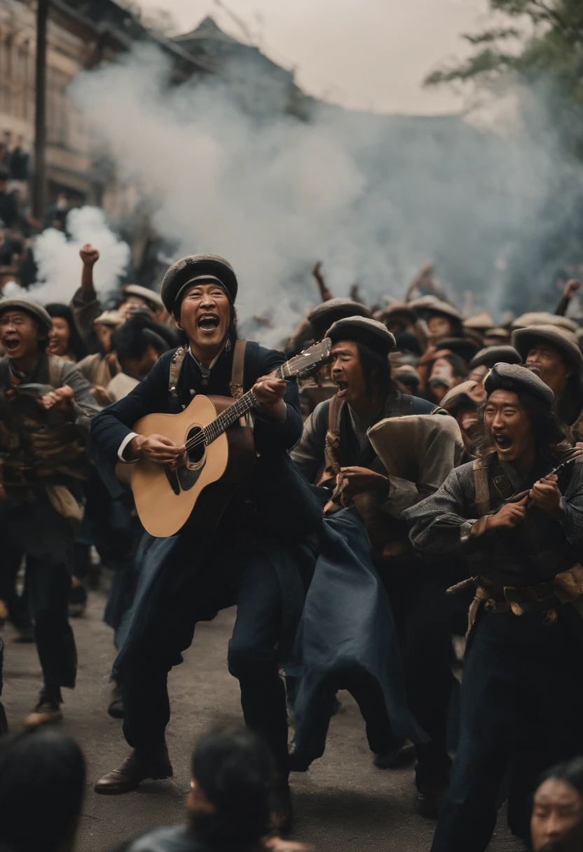 big crowd、singing revolution、Japanese demonstrators parade while playing guitars、long hair and jeans、1870s hippie style、Japanese armed riot police trying to stop it、tear gas canister、A fight using a guitar as a weapon、japanese revolution、White smoke rises、Young people keep singing with screaming faces、