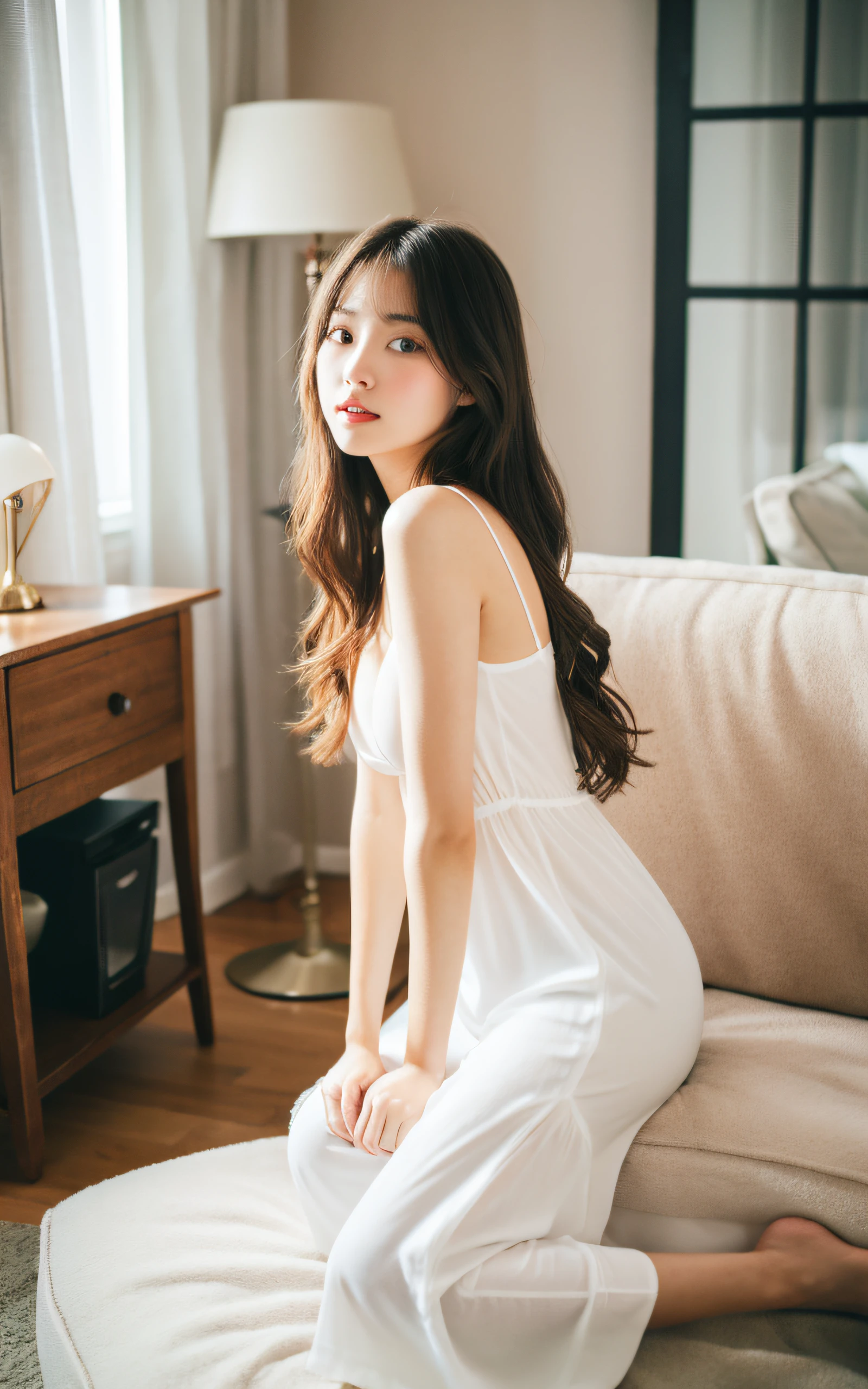 Dark brown hair、Light brown eyes、Japanese actress、 Lady、I am about 40 years old...、(Intricate details:1.2)、(Which is higher???:1.4)、 (Ultra-high resolution:1.2)、Ultra-high resolution、(fine adjustment)、(Detailed facial features)、Hmph、8k解像度、D cup size breasts、Long Hair、Large windows、Extravagant space、relax、、,Full body photo、Head to toe shot、Beautiful feet、Camisole dress、Beautiful feet、A refreshing room filled with sunlight、she, household items,   (plant:0.8), Fashion Hub, Extremely detailed, Very detailed, Realistic, Hourglass Shaped Body, Obscene pose,、、私 cry a lot、tears、person on the left、White wall、White floor、diagonally from below、please lift your chin、Put your butt against the wall、relaxした表情、Pose of Weakness、(auraroid photo:1.2)、From outside the window、Transparent painting、8k、32k、Highest quality、(Details of both eyes)、1 girl、elegant、(Loose dress :1.4)、sunset、sit、(Low - Angle、I looked up and saw this:1.2)、Hilarious、Leaning against a wall、Looking into the camera、