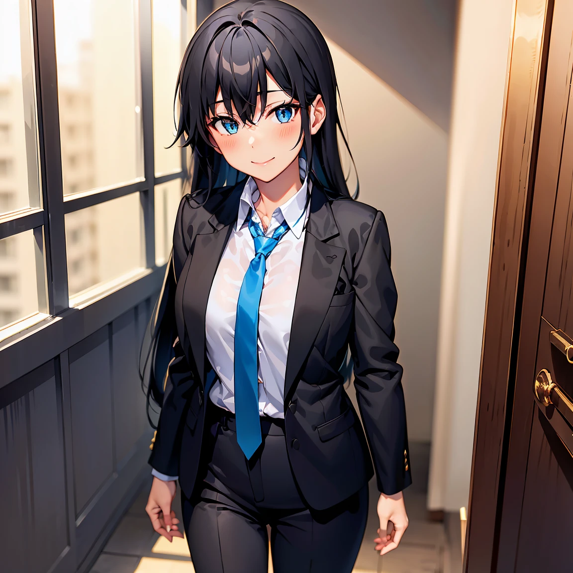 Yukinoshita yukino,woman in formal attireactive suit tuxedo tailcoat standing in a large alcove in the room, 1girl, solo, necktie, black hair, blue eyes, long hair, smile, jacket, looking at viewer, shirt, pants, blue necktie, collared shirt, white pants, white shirt, indoors, bangs, long sleeves, closed mouth, window, black jacket, blush, cowboy shot, formal, suit, full body