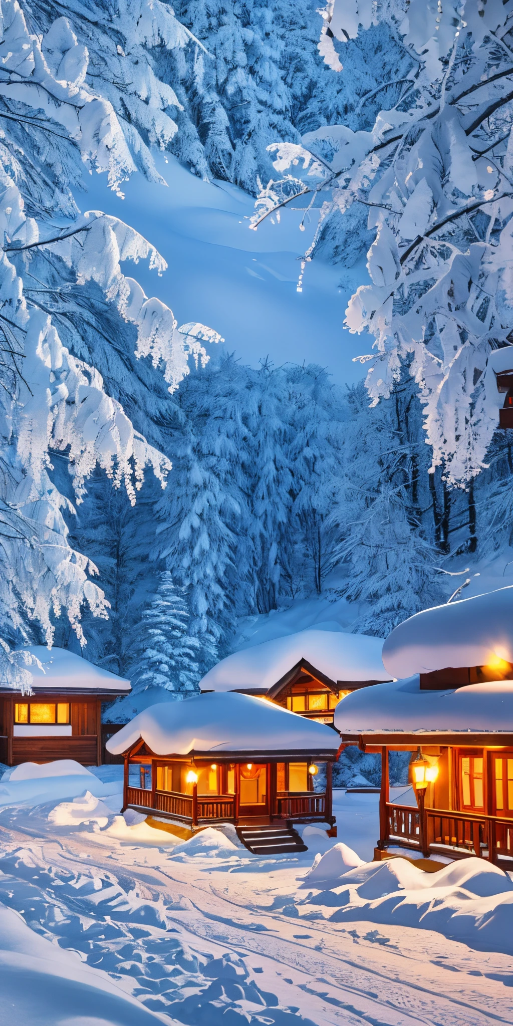 Changbai Mountain Forest，small house covered in snow，the street lights，starlights --auto --s2