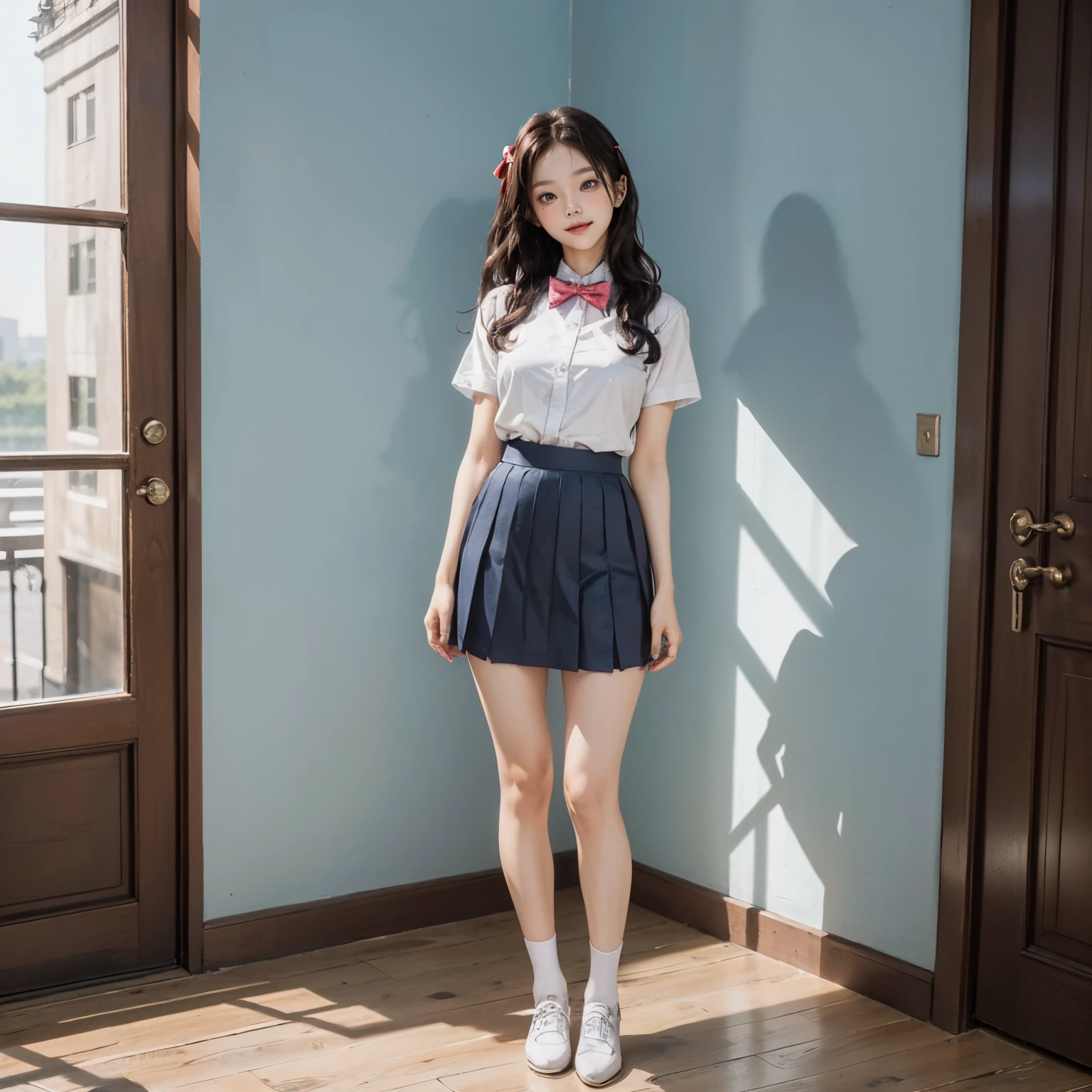 (((supermodel style character in detailed full body))), photo of a korean woman named koreanbabe, , Shooting for one person only, cute, kawaii, blush, big eyes, big breast, nfsw, detailed face, detailed pupils, detailed iris, skin texture, From front, detailed eyes, Beautiful waist, very slender legs, very slender physique, sexy, seductive, Very aesthetic, (looking at viewer:1.25), thin arms, eye shadow, skin pores, lips, nose, keylight reflection on eyes, (natural smile), photorealistic light, (masterpiece:1.2) and (best quality:1.2) and (photorealistic:1.2) and (Realistic:1.4), natural light, flash photography, Cinematic Feeling, (((Colorful))), (Perfect body : 1.1), (dynamic angle, dynamic pose:1.2), ((full body : 1.4)), ((Standing: 1.3)), ((posing: 1.2)), white bra, Detailed panty patterns、panties focus、white panties made of lace material、Tiny panties、low angle shot from below, JK school uniform, hi-school girl, Pink ribbon, Black socks, (Red bow tie), (Light blue shirt), (Navy pleated skirt), Knees are visible, Sheer clothing, Thigh, Black cotton socks