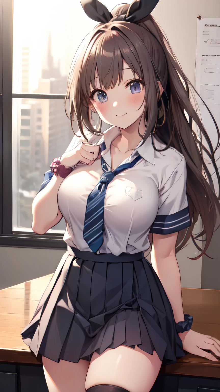 Pov,(wariza:1.3)、(high ponytail:1.3)、(school uniform, short sleeve:1.3)、a miniskirt、(white panty:1.3)、(hair adornments:1.2)、(Wrap a scrunchie around your left wrist:1.2)、(Black High Socks:1.3)、、clear eyes、8k、 student、Top image quality、Masterpiece、perfect anatomia、Kogal、Plump thighs、schools、Absolute Area、huge tit、happy smile