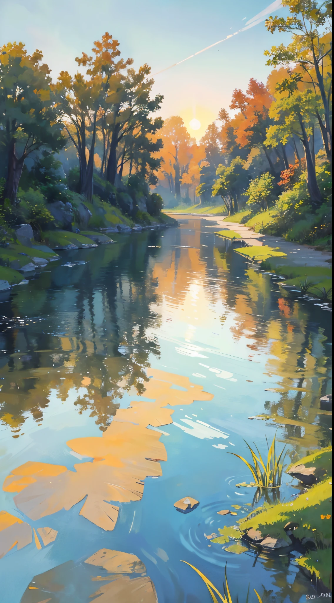 Impressionistic watercolor landscape revealing a rustic dwelling precariously nestled against a serene flowing river, as the declining sun births a variegated canvas in the sky and mirrors its brilliance on the surrounding foliage and tranquil water, quaint dwelling, tranquil river, sinking sun, vibrant sunset, lush nature, twilight, painterly texture, rich foliage, serene harmony, reflection in the water, warm color palette, broad brush strokes, dreamy atmosphere, gradient sky, soft lighting, artistic impressions