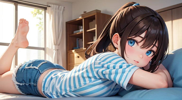 ultra-detailed,(masterpiece:1.2) , (best quality:1.2) , (ultra-detailed:1.2), 2.5D,extremely detailed,nsfw, an anime girl,dark brown hair,medium hair,BREAK,blue eyes,BREAK, bed room,serafuku,bottomless,White panties,(hugging own legs),from below ,smile