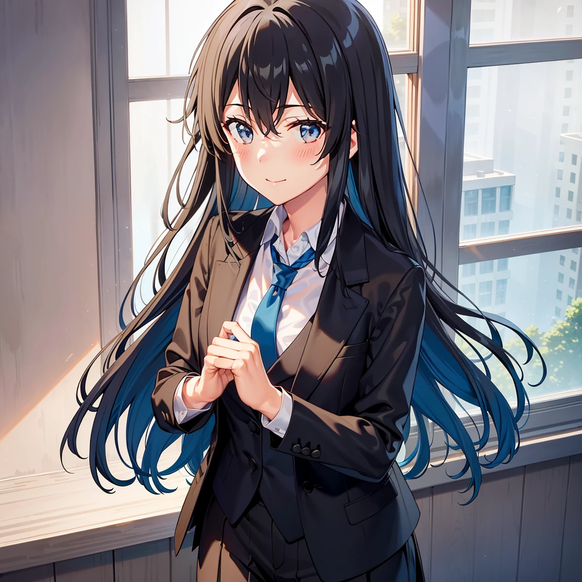 Yukinoshita yukino,woman in formal attireactive suit tuxedo tailcoat standing in a large alcove in the room, 1girl, solo, necktie, black hair, blue eyes, long hair, smile, jacket, looking at viewer, shirt, pants, blue necktie, collared shirt, white pants, white shirt, indoors, bangs, long sleeves, closed mouth, window, black jacket, blush, cowboy shot, formal, suit, full body