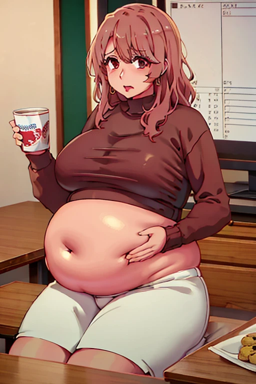miyako Saitou, very fat, safe for work, fat, large belly, standing, grabbing belly, very fat, large stomach, chubby (best quality, masterpiece), Christmas, wearing sweater, eating, sitting down, table full of food, cookies, eating cookies, very fat, Christmas season, Christmas time, Christmas season, brown hair