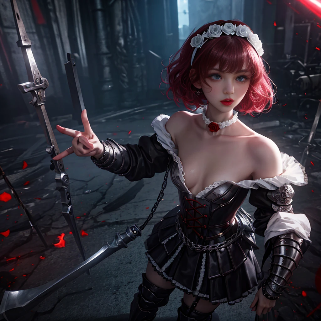 Cute girl, battle scene, pretty eyes, cool expression,semi-nude, short hair, full body shot, portrait quality, 8K resolution, rich details, small round face, maid outfit, hand cupped face, rose hair accessory, fair skin, mood lighting, wearing battle armor, aperture f/1.2