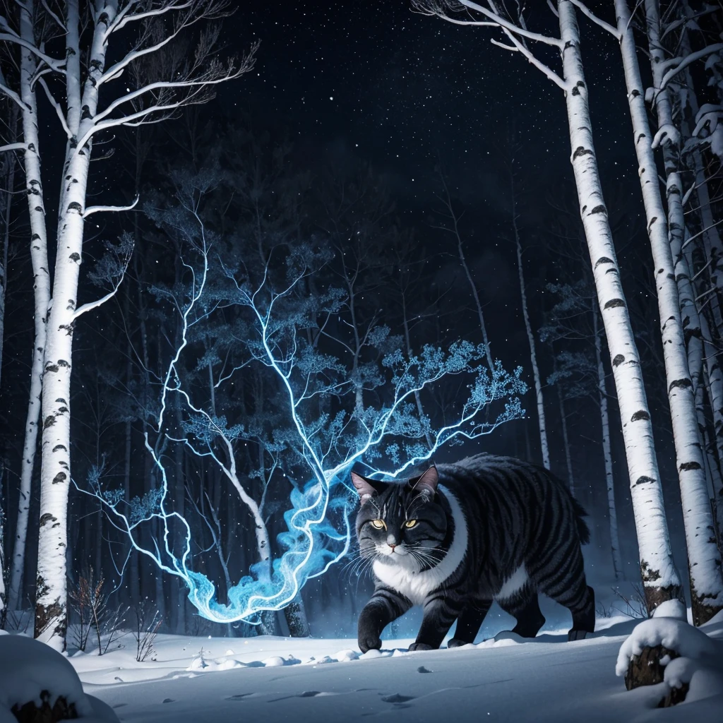 Midnight in a blizzard. Side view of gigantic black and gray striped cat , surrounded by blue flames, stalking through a birch forest.